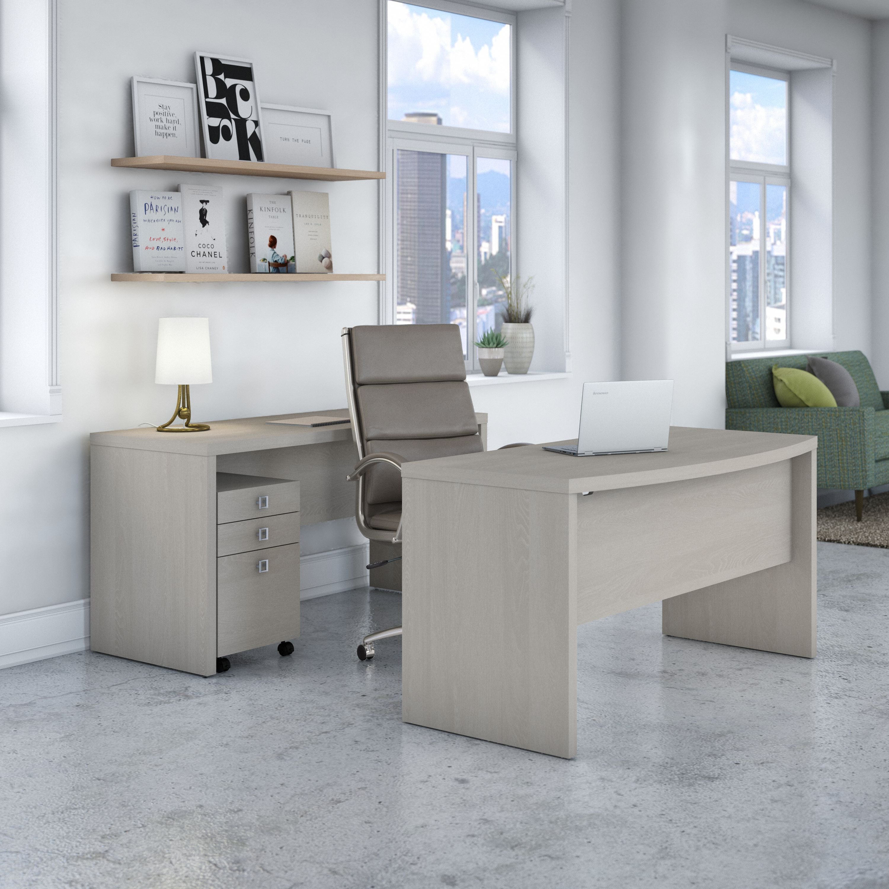 Bush Business Furniture Echo Bow Front Desk and Credenza with Mobile File Cabinet in Gray Sand - 60" Width x 87.57" Depth x 30" Height