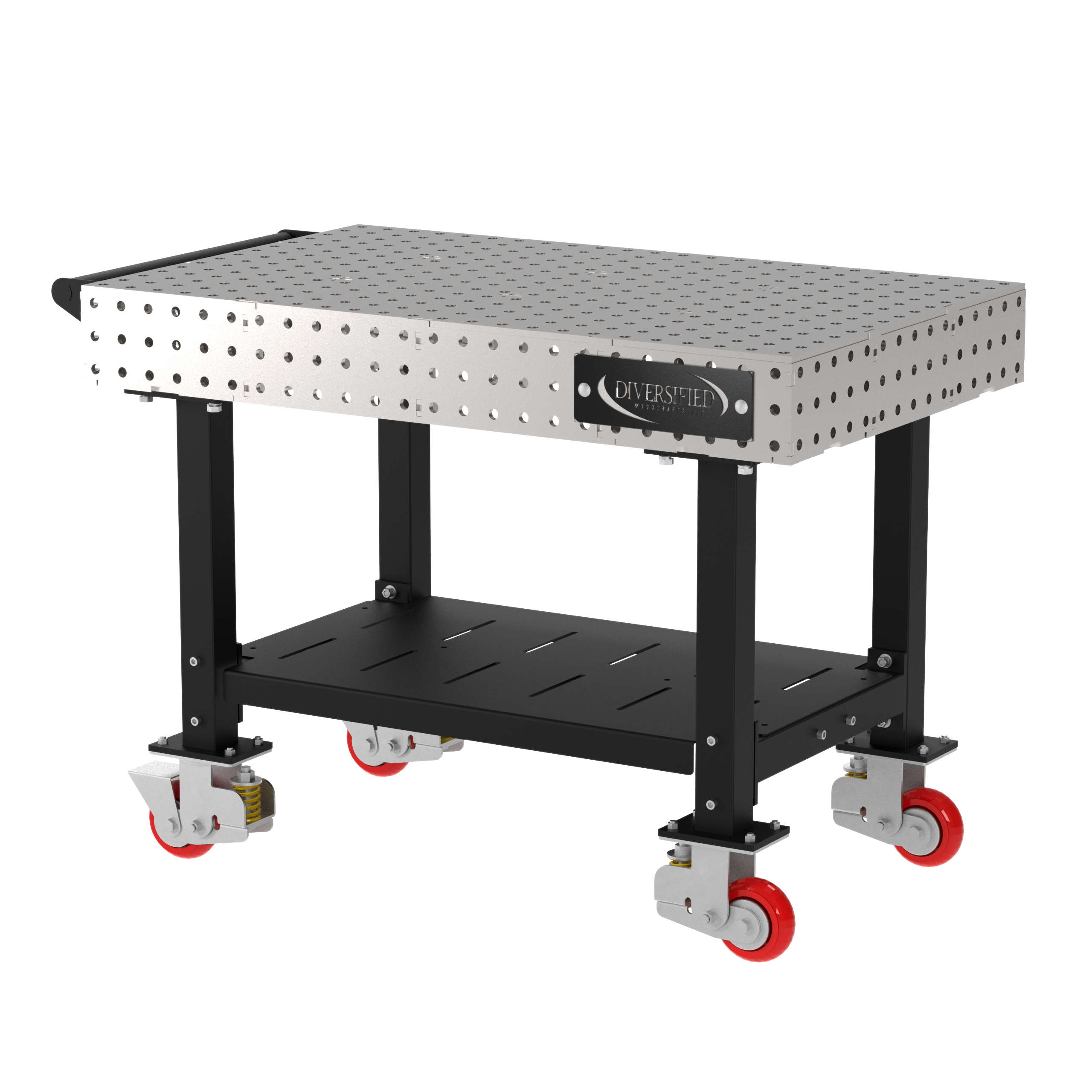 Welding Fixture Table, Fixed Height, 36"H x 48"L x 30"D, 1/4" Carbon Steel Top, Four Black Powdercoat Legs, Shelf, Handle, 4 Heavy Duty Suspension Casters (2 Locking/Swiveling Casters and 2 Non-Locking/Non-SwivelingCasters)