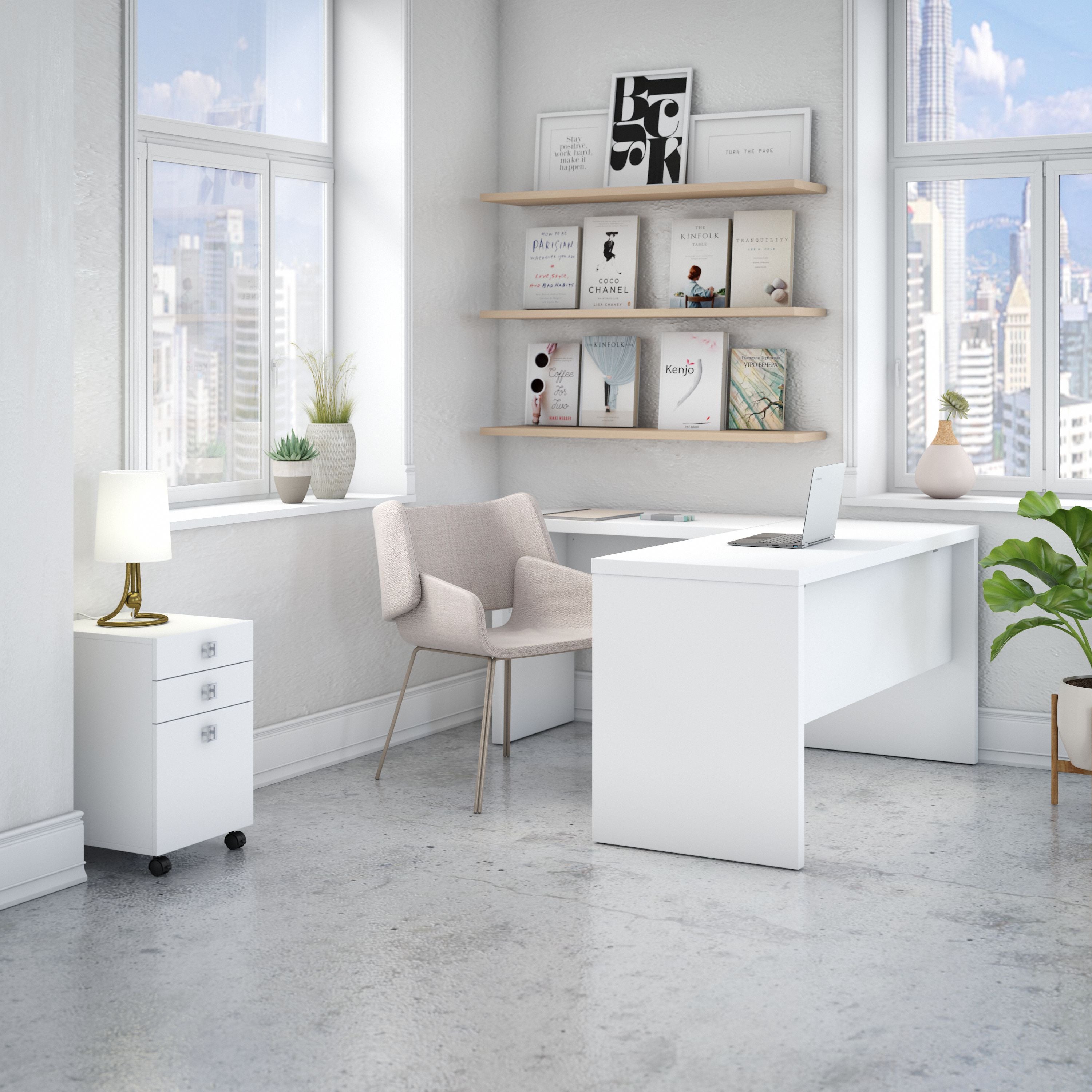 Bush Business Furniture Echo L Shaped Desk with Mobile File Cabinet in Pure White - 60" Width x 60" Depth x 30" Height