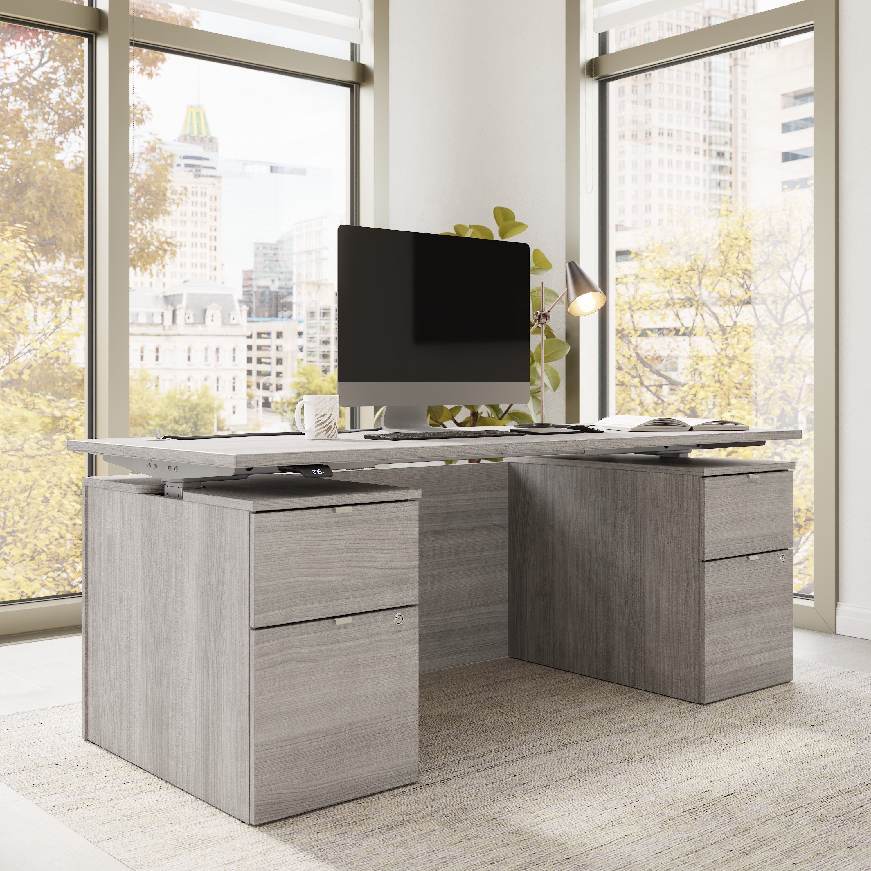 Bush Business Furniture Stratus&nbsp;72W x&nbsp;30D Electric Standing Desk with Drawers and Modesty Panel in Platinum Gray with Metallic Gray Base - 71.02" Width x 29.37" Depth x 27.44" Height