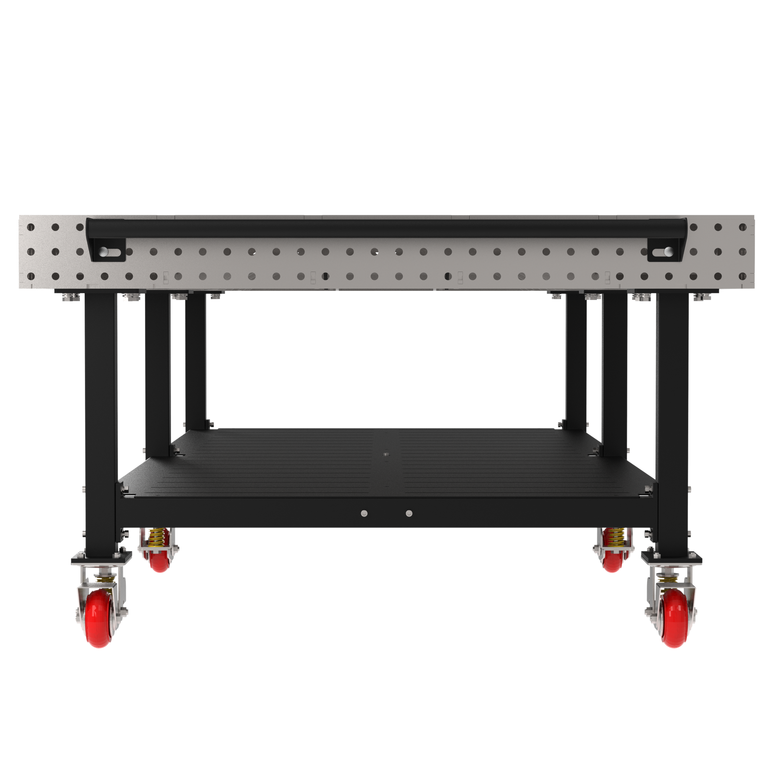 Welding Fixture Table, Fixed Height, 36"H x 120"L x 60"D, 1/4" Carbon Steel Top, Six Black Powdercoat Legs, Shelf, Handle, 6 Heavy Duty Suspension Casters (4 Locking/Swiveling Casters and 2 Non-Locking/Non-SwivelingCasters)