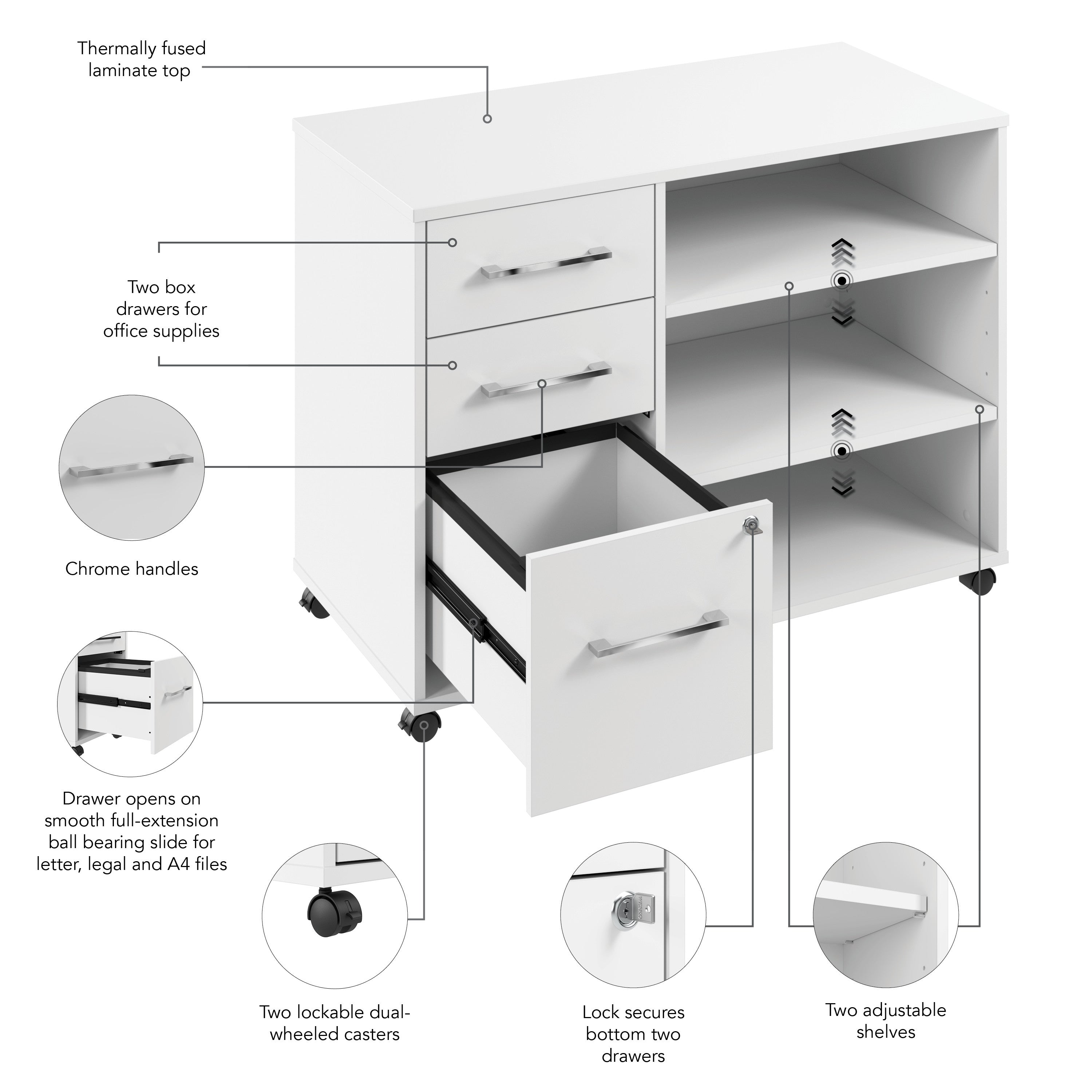 Bush Business Furniture Hustle Rolling Storage Cabinet with Drawers and Shelves in White - Assembled - 39.61" Width x 19.61" Depth x 29.96" Height