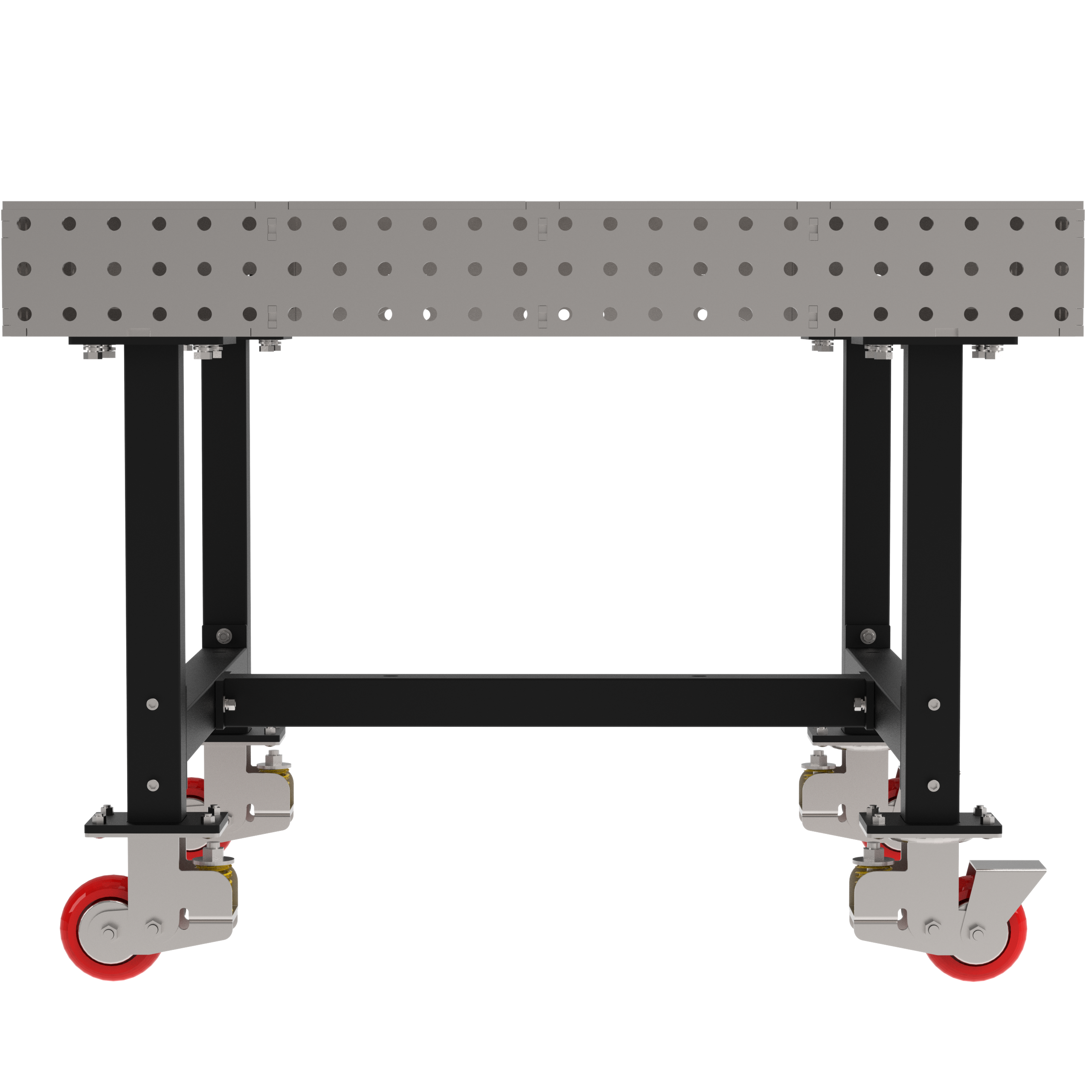 Welding Fixture Table, Fixed Height, 36"H x 48"L x 48"D, 1/4" Carbon Steel Top, Four Black  Powdercoat Legs, 4 Heavy Duty Suspension Casters (2 Locking/Swiveling Casters and 2 Non-Locking/Non-SwivelingCasters)