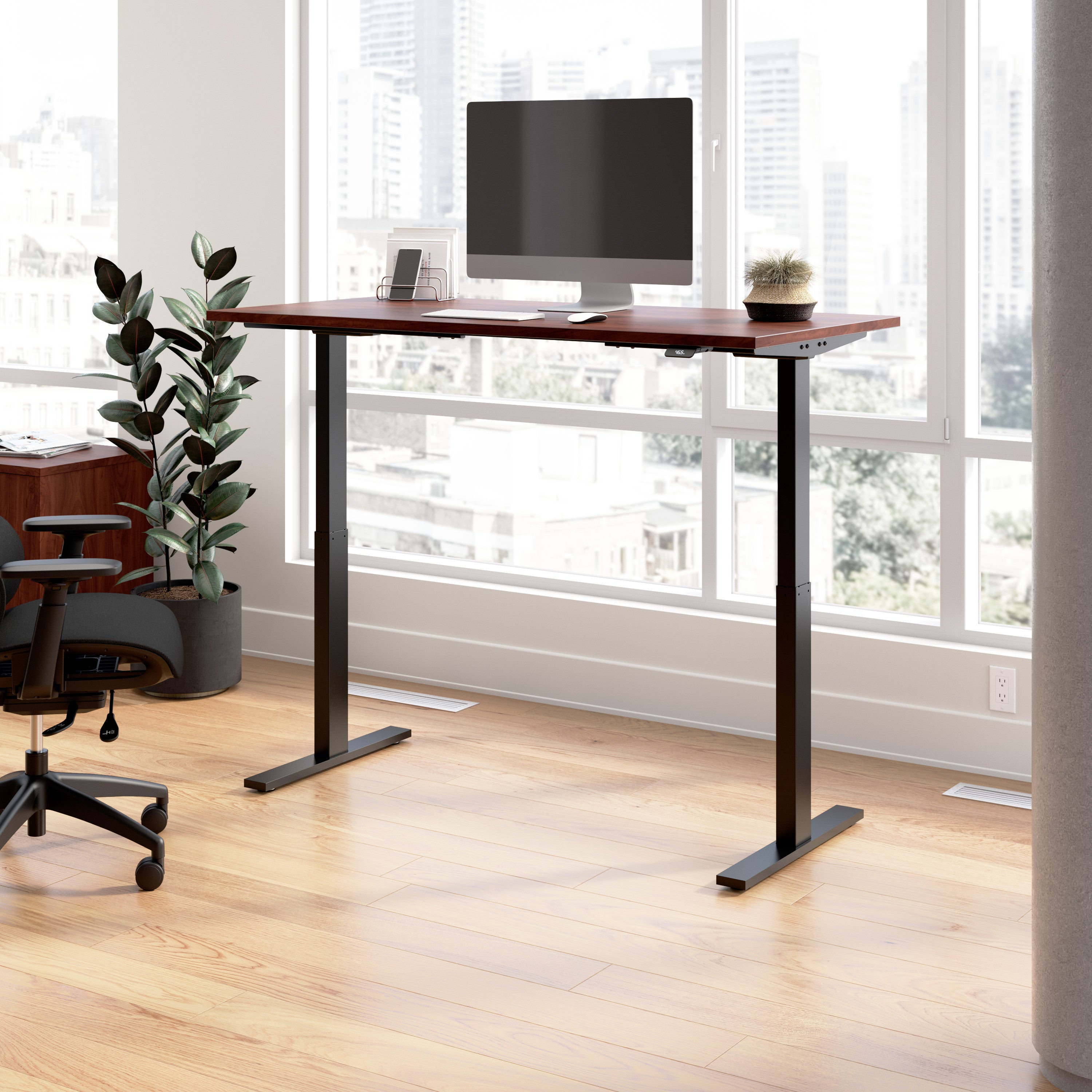 Bush Business Furniture Move 60 Series 60W x 30D Electric Height Adjustable Standing Desk in Hansen Cherry with Black Base - 59.45" Width x 29.37" Depth x 47.69" Height