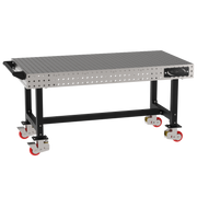 Welding Fixture Table, Fixed Height, 36"H x 72"L x 36"D, 1/4" Carbon Steel Top, Four Black Powdercoat Legs, Handle, 4 Heavy Duty Suspension Casters (2 Locking/Swiveling Casters and 2 Non-Locking/Non-SwivelingCasters)