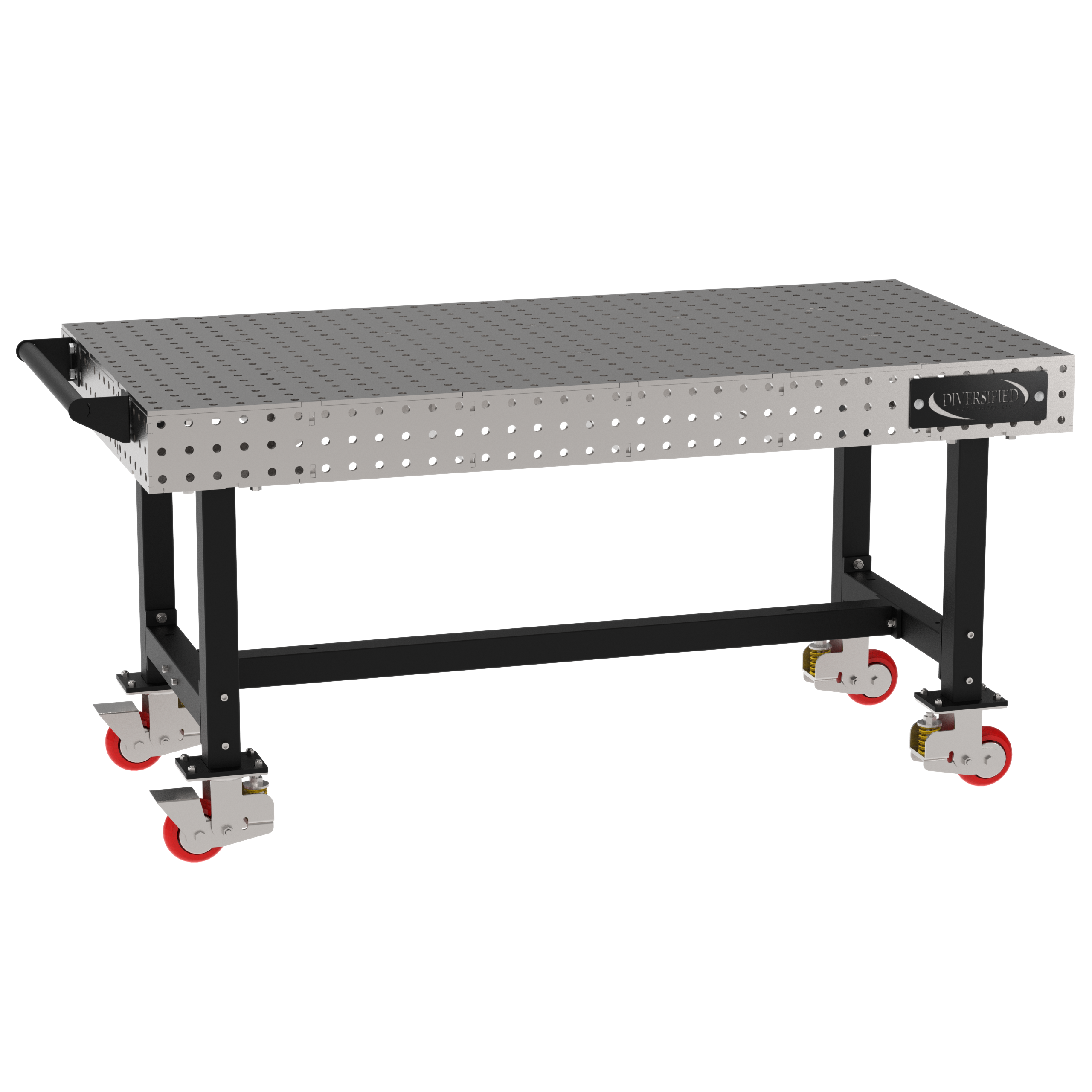 Welding Fixture Table, Fixed Height, 36"H x 72"L x 36"D, 1/4" Carbon Steel Top, Four Black Powdercoat Legs, Handle, 4 Heavy Duty Suspension Casters (2 Locking/Swiveling Casters and 2 Non-Locking/Non-SwivelingCasters)