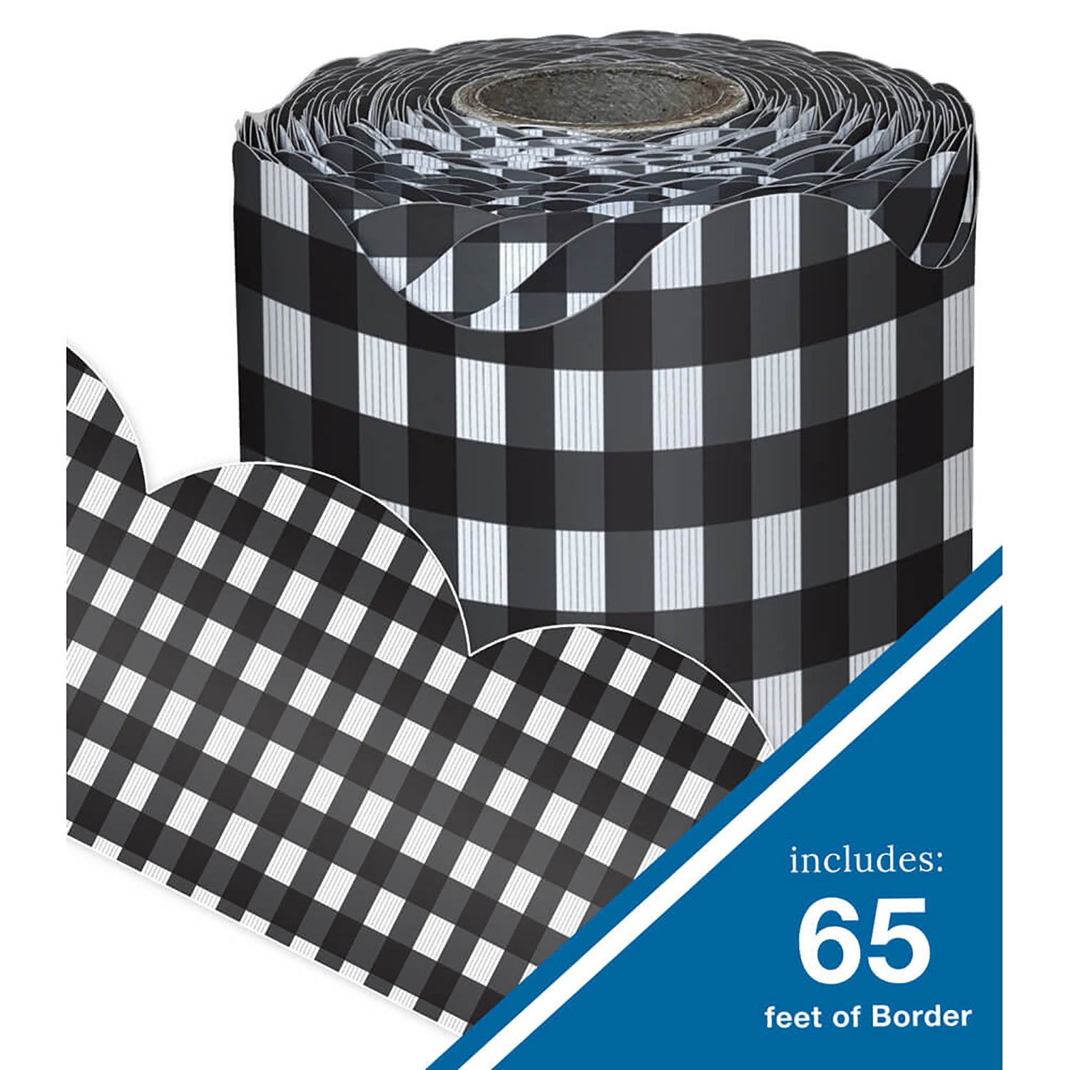 Black Gingham Rolled Scalloped Borders, 65 Feet