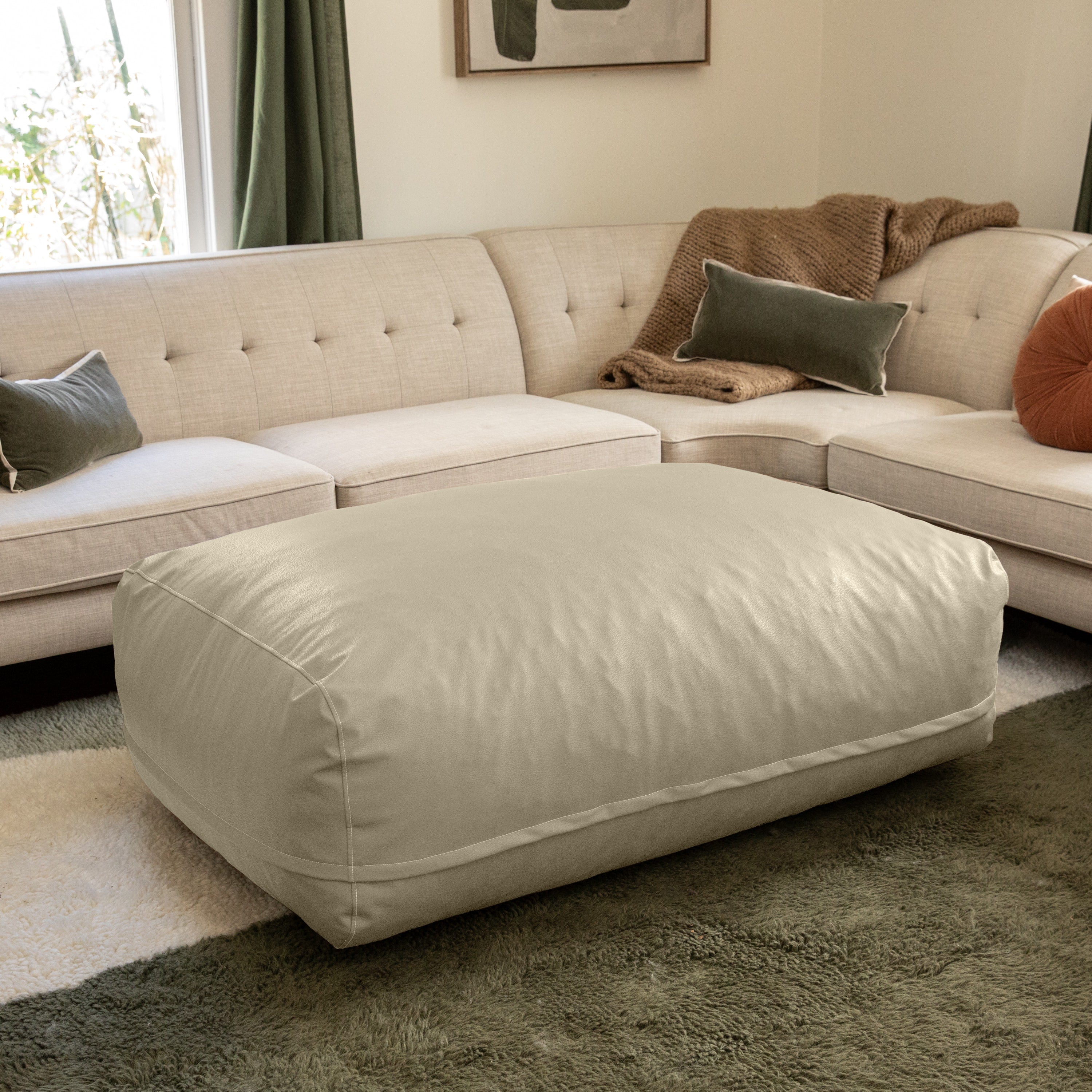 Atrium Collection Lino Ottoman - Oversized Large Couch Ottoman & Foam-Filled Lounger - Faux Leather - Natural Beige