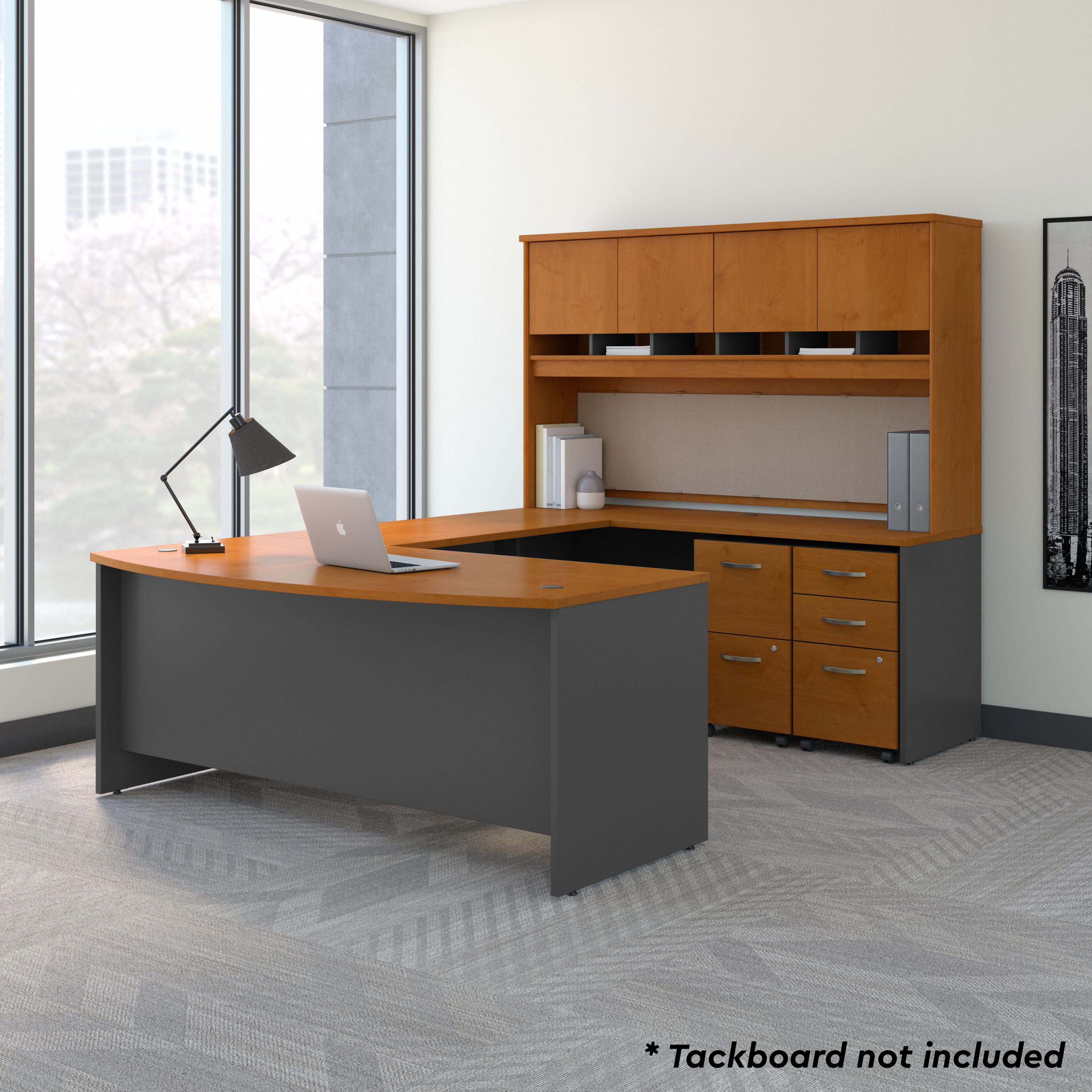 Bush Business Furniture 72W Bow Front U Shaped Desk with Hutch and Storage in Natural Cherry - 71.1" Width x 107.09" Depth x 72.85" Height