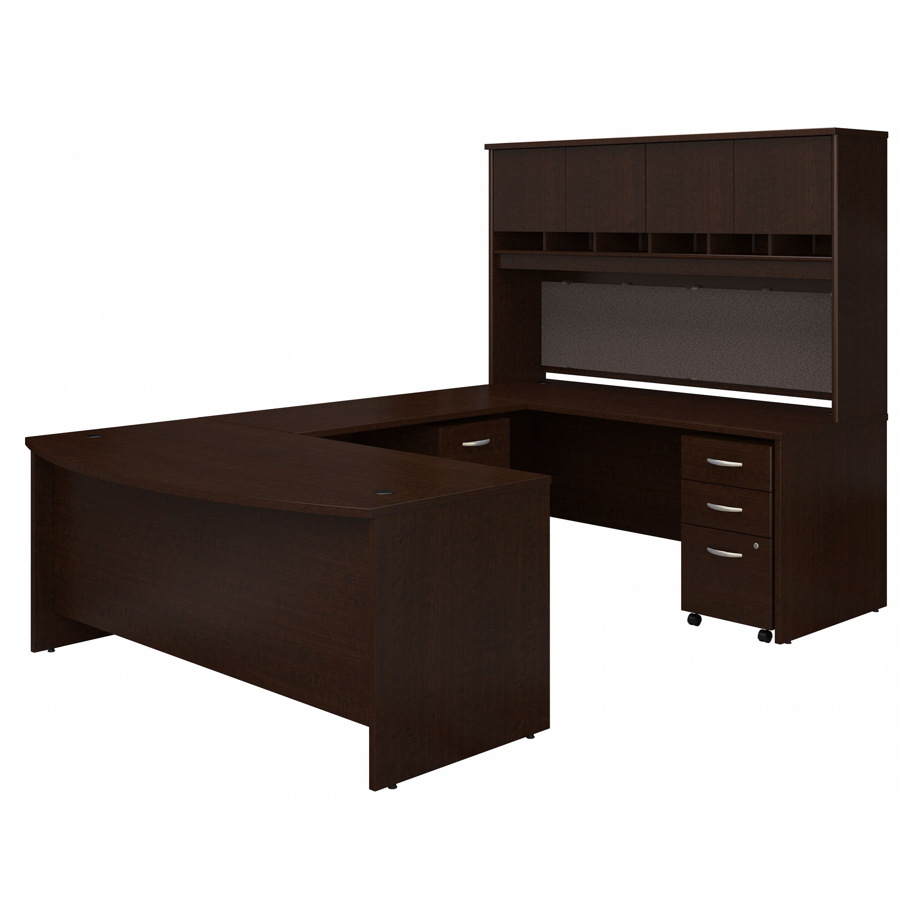 Bush Business Furniture 72W Bow Front U Shaped Desk with Hutch and Storage in Mocha Cherry - 71.1" Width x 107.09" Depth x 72.85" Height