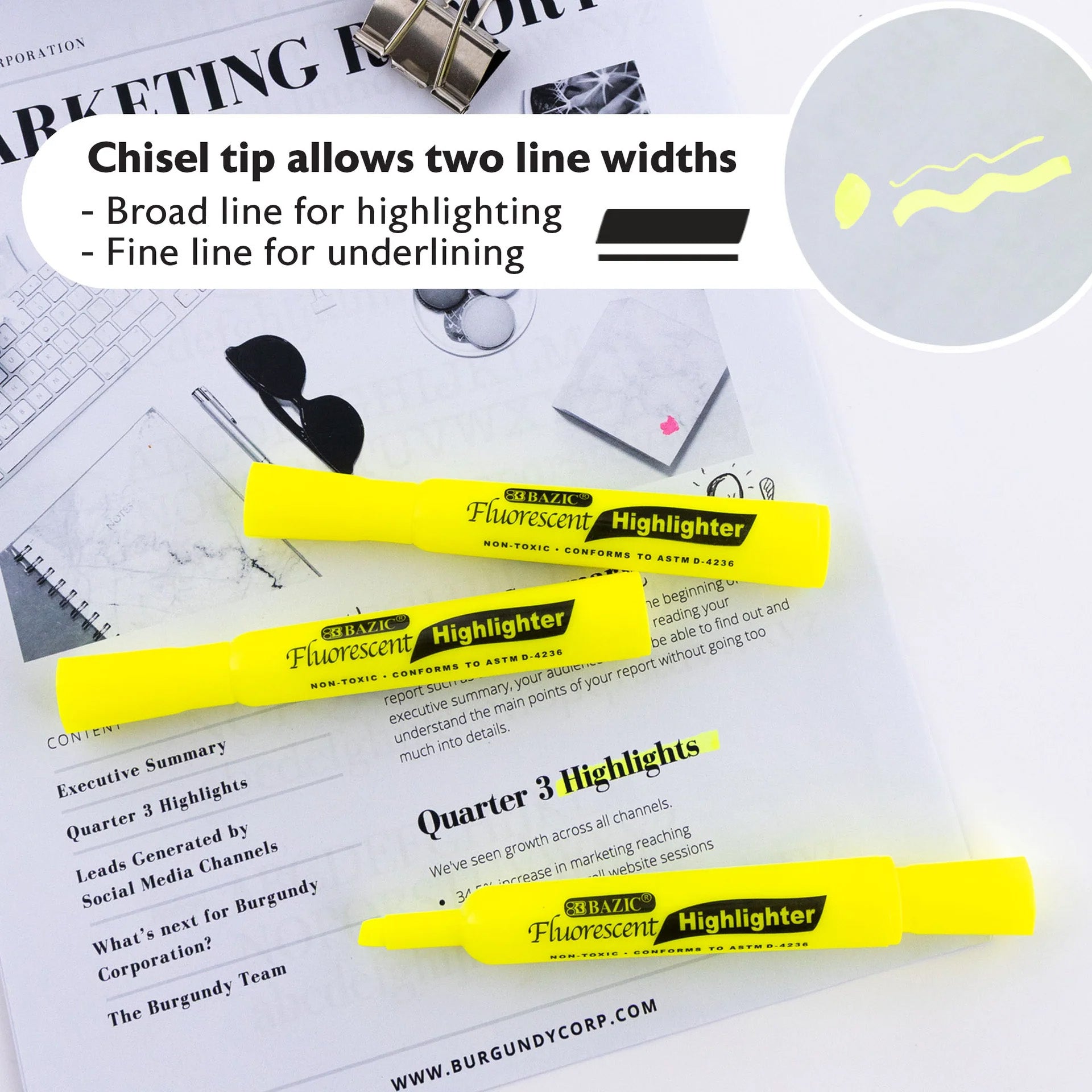 Desk Style Fluorescent Highlighters, Yellow, Pack of 4