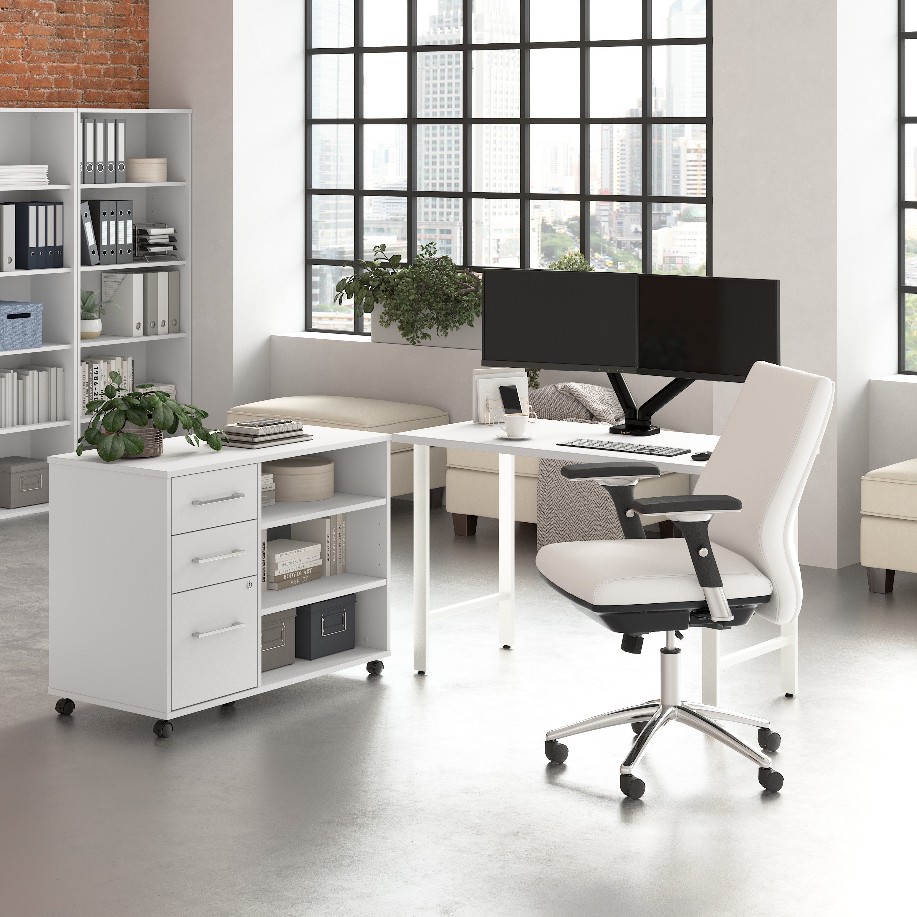 Bush Business Furniture Hustle 48W x 24D Computer Desk and Storage Cabinet with Drawers and Shelves in White - 47.59" Width x 23.34" Depth x 30.07" Height