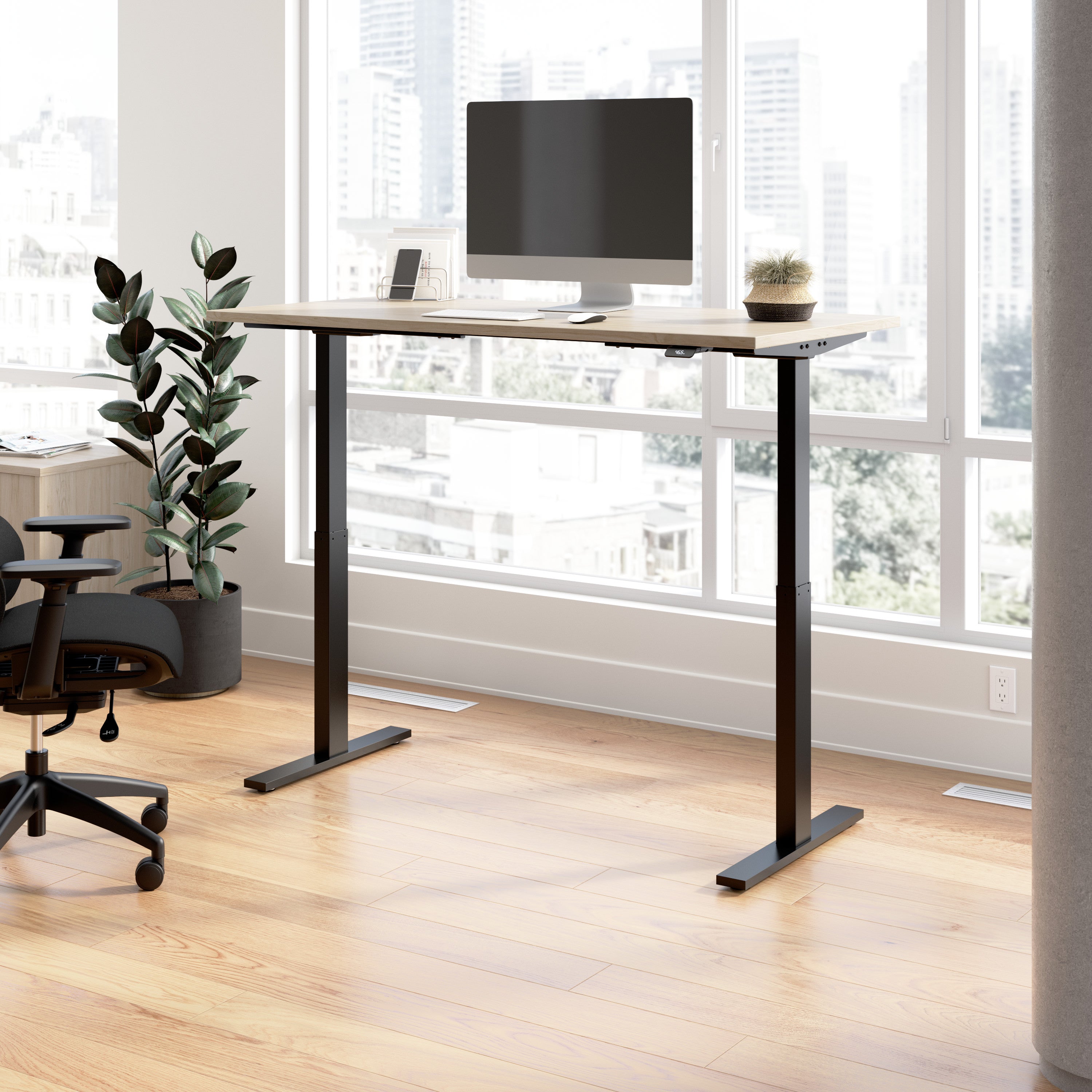 Bush Business Furniture Move 60 Series 60W x 30D Electric Height Adjustable Standing Desk in Natural Elm with Black Base - 59.45" Width x 29.37" Depth x 47.69" Height