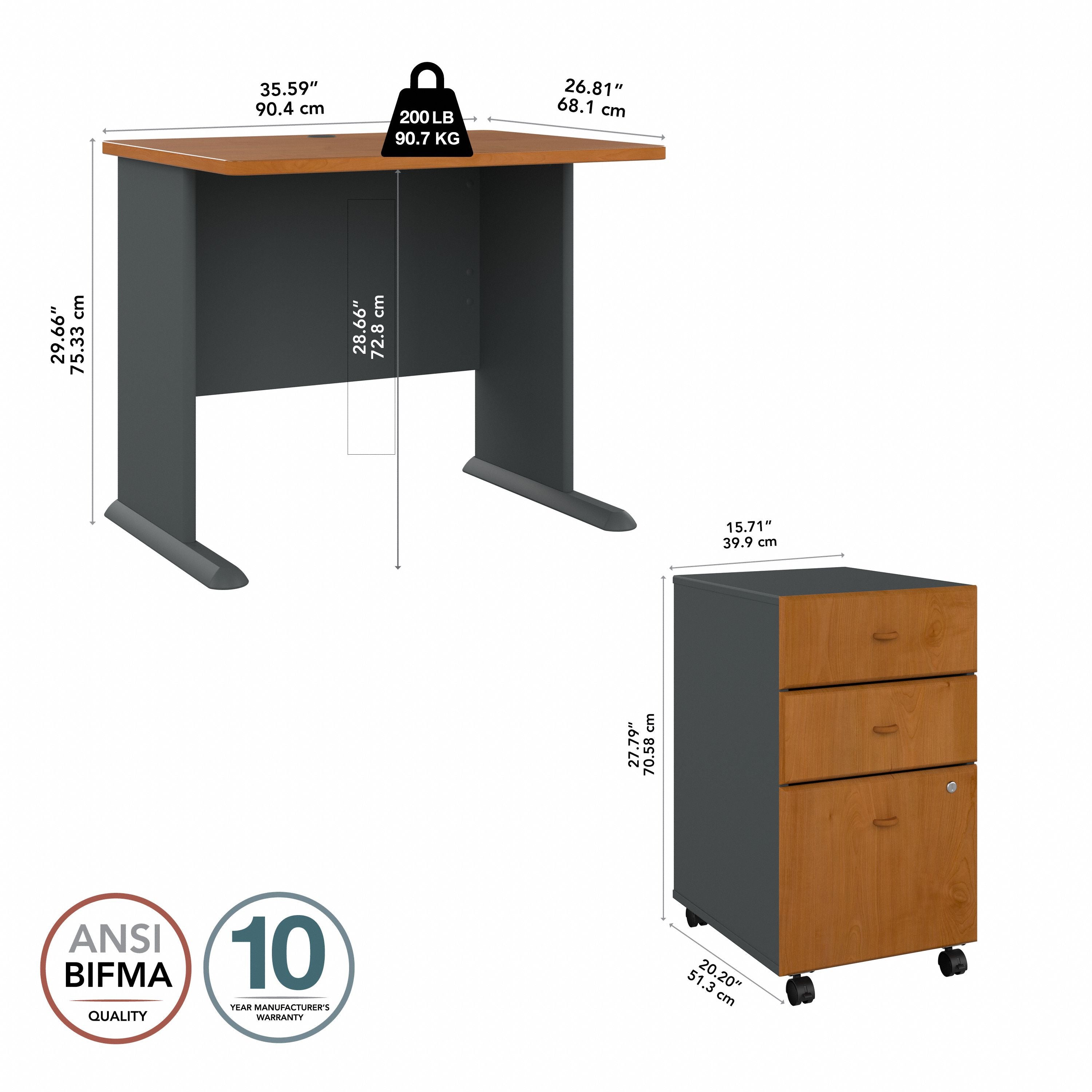 Bush Business Furniture Series A 36W Desk with Mobile File Cabinet in Natural Cherry and Slate - 51.3" Width x 26.81" Depth x 29.66" Height