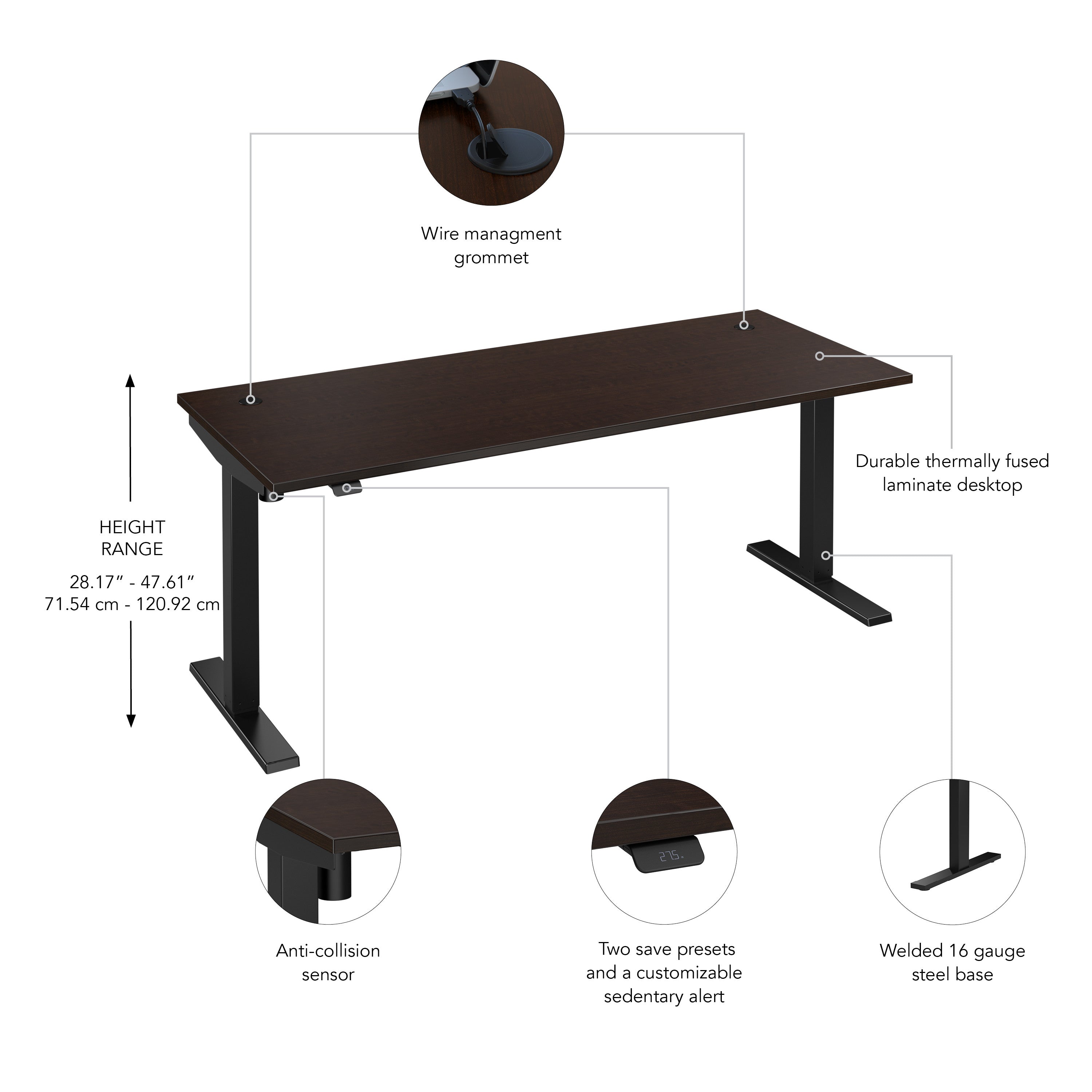 Bush Business Furniture Move 40 Series 72W x 30D Electric Height Adjustable Standing Desk in Mocha Cherry with Black Base - 71.02" Width x 29.37" Depth x 28.17" Height