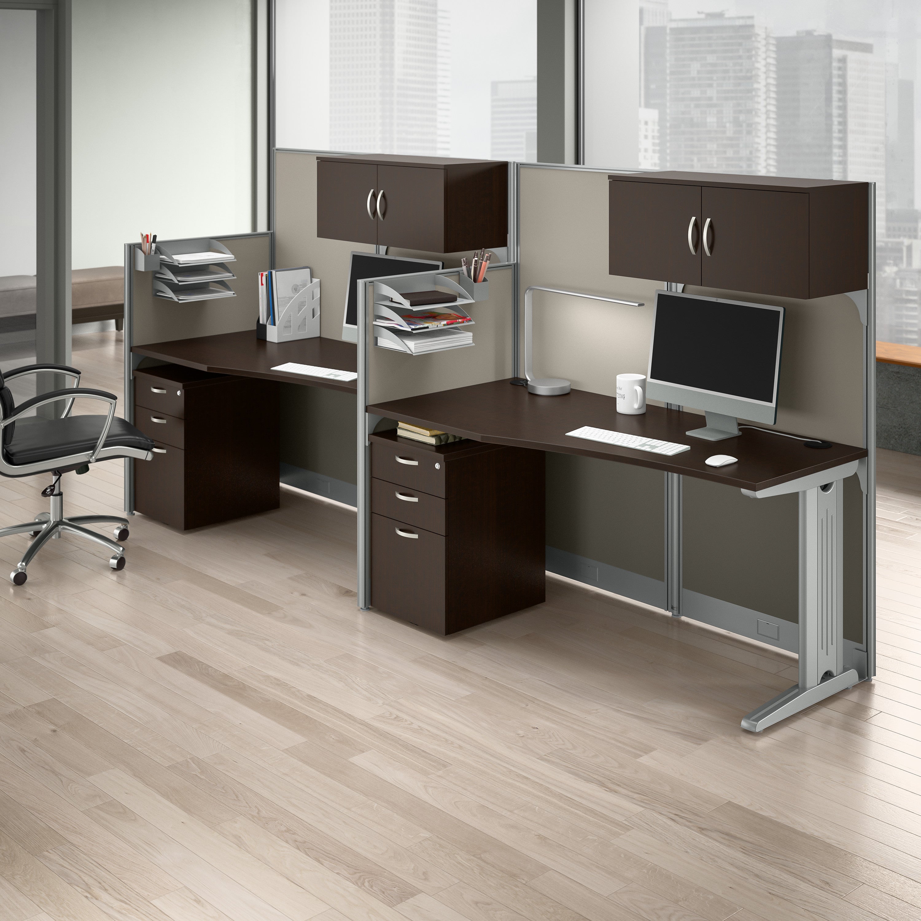 Bush Business Furniture Office in an Hour 2 Person Straight Cubicle Desks with Storage, Drawers, and Organizers in Mocha Cherry - 128.98" Width x 32.24" Depth x 62.87" Height
