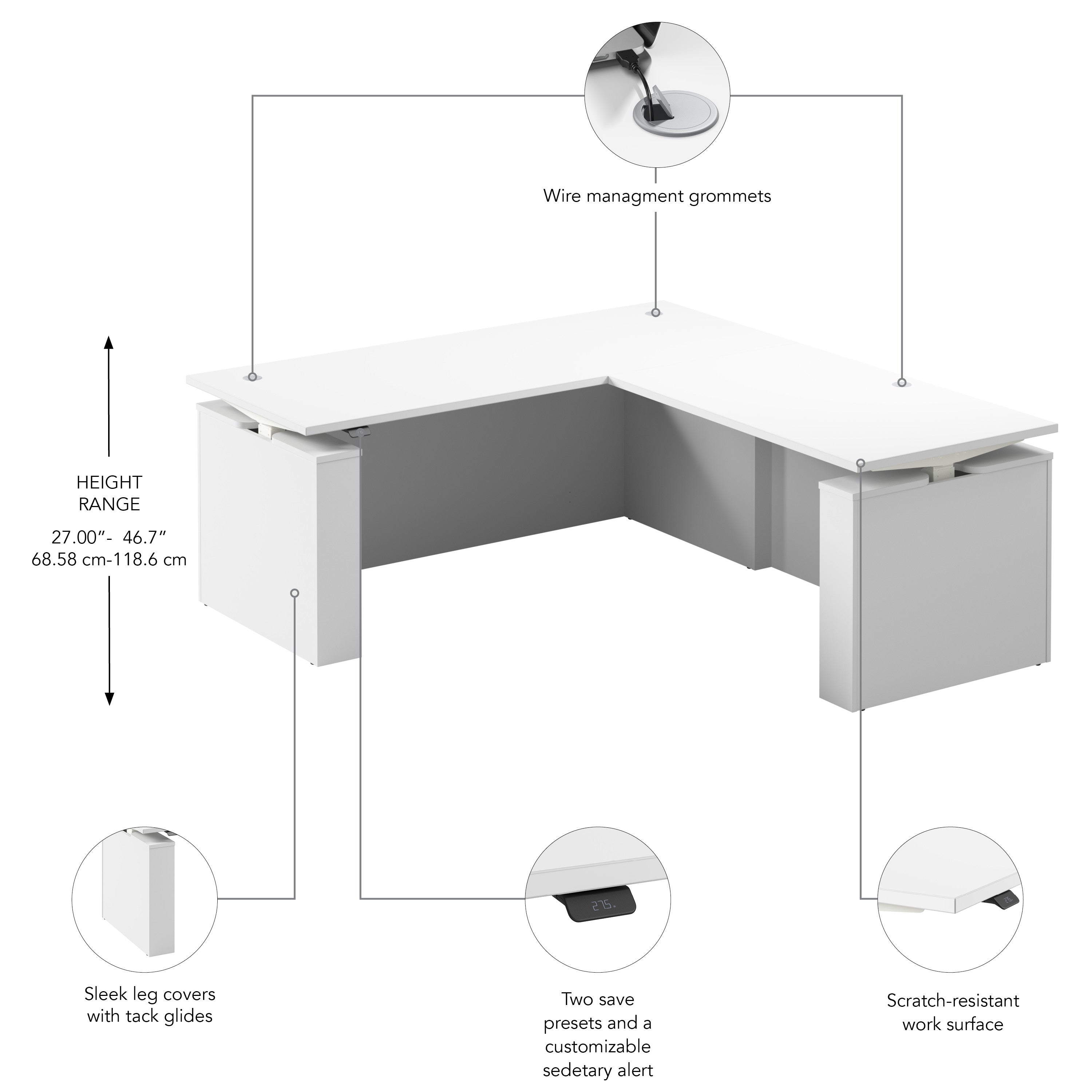 Bush Business Furniture Stratus&nbsp;72W x&nbsp;78D Electric Height Adjustable L Shaped Standing Desk in White with White Base - 71.02" Width x 76.97" Depth x 27.44" Height