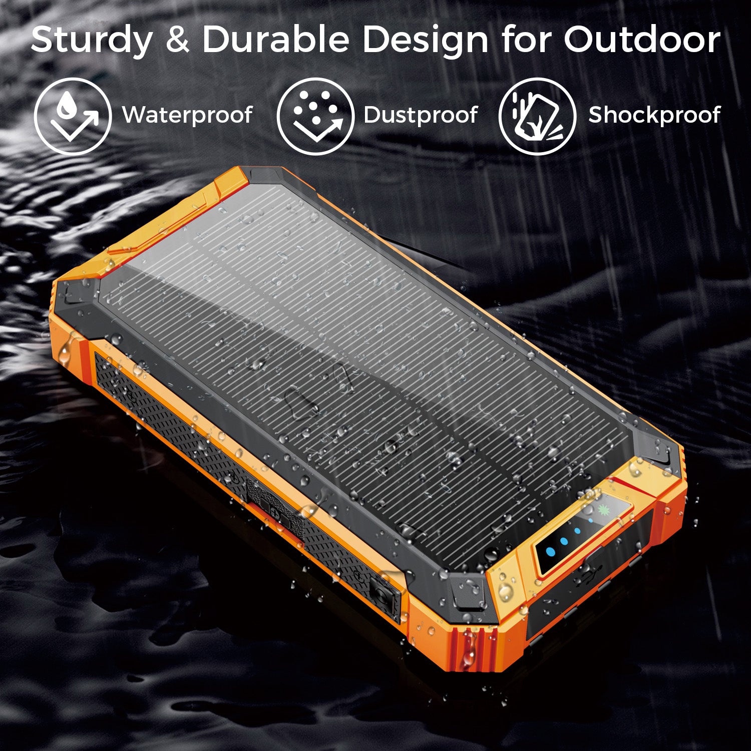 20000mAh Solar Power Bank with Wireless Charging and Built-in Cables, Orange