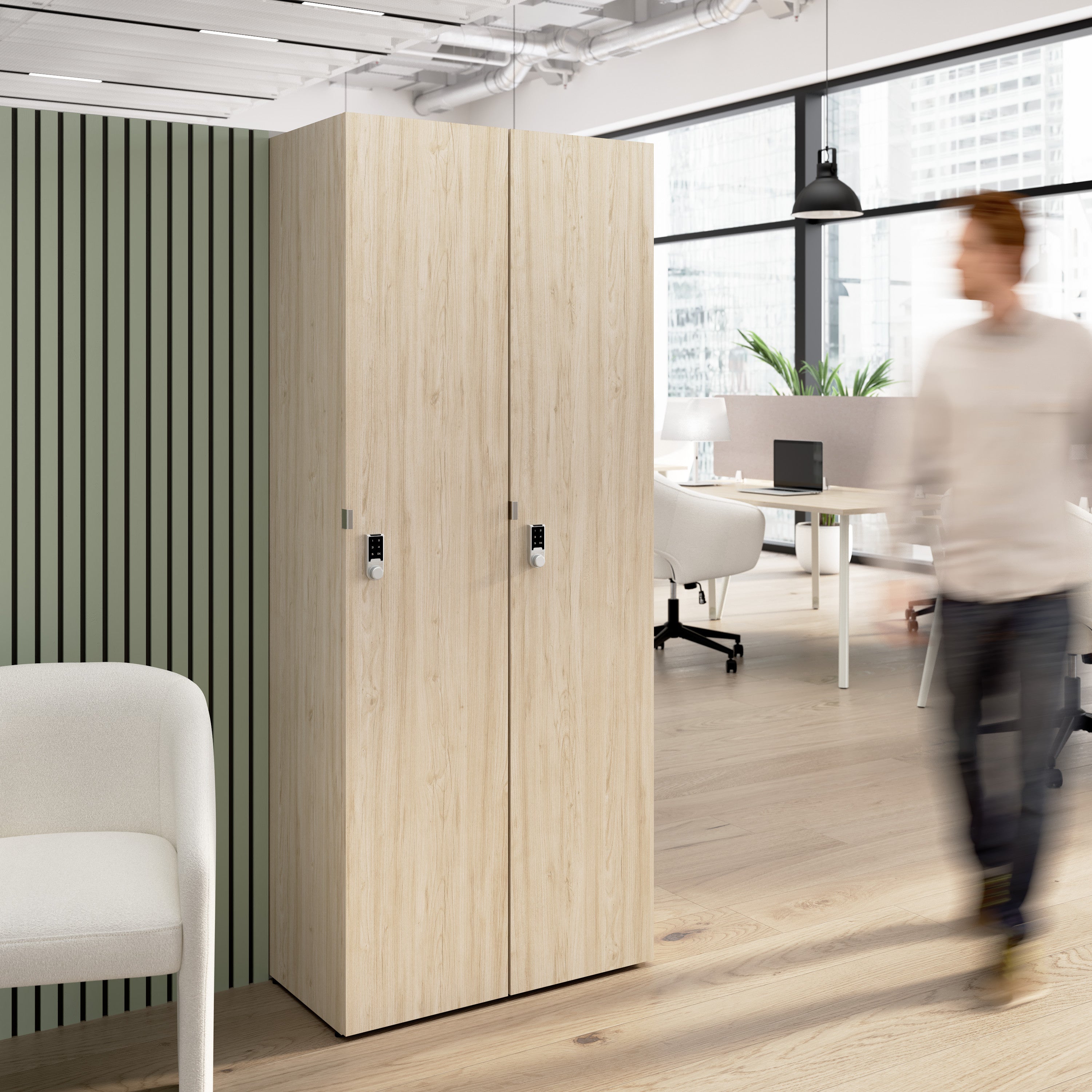 Bush Business Furniture Assure Single Tier 2 Door Storage Locker with Keypad Locks in Natural Elm - 29.76" Width x 15.35" Depth x 72.15" Height