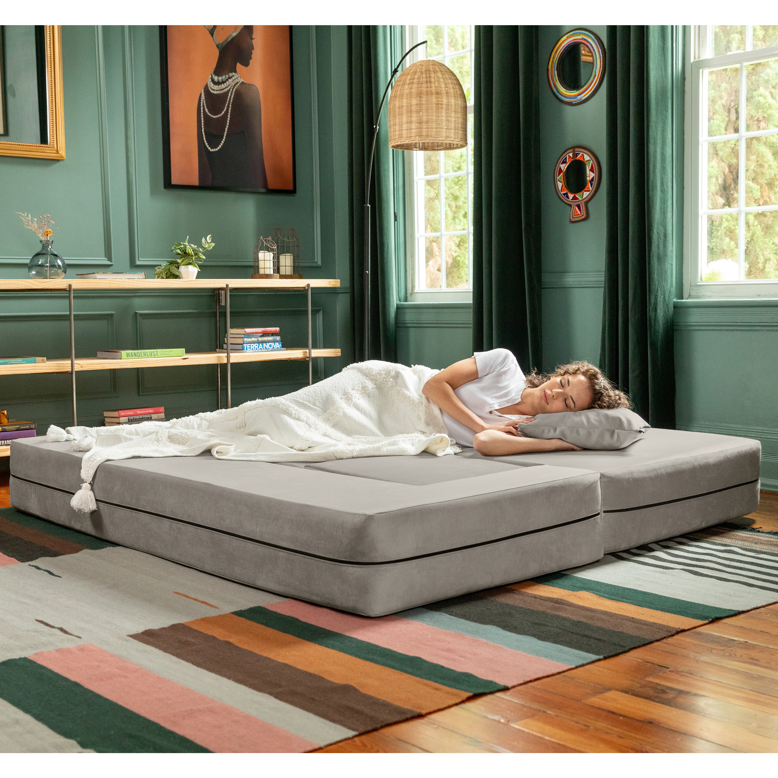 Jaxx Zipline Convertible Sleeper Sofa & Three Ottomans / California King-Size Bed, Textured Microvelvet - Dove Grey