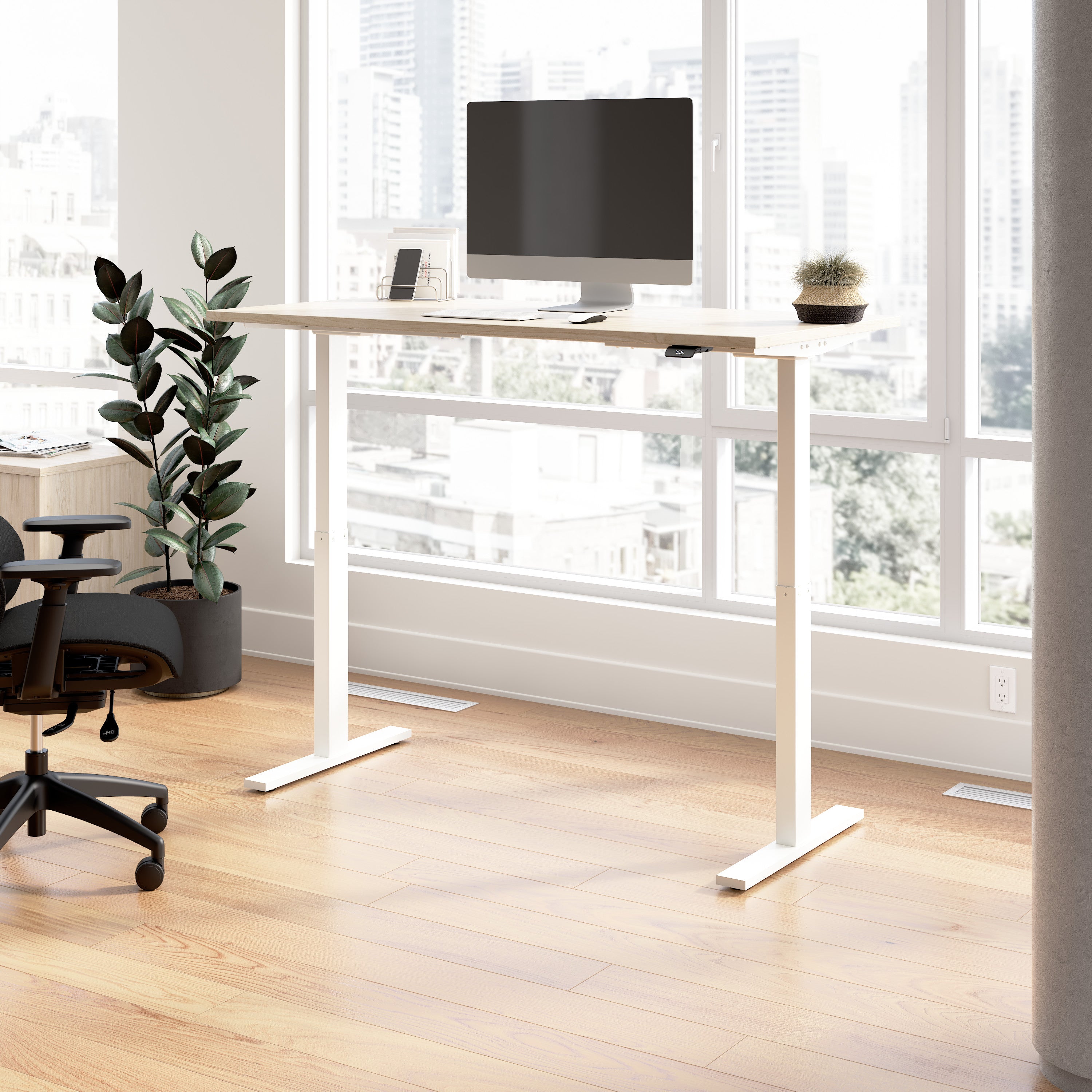 Bush Business Furniture Move 60 Series 60W x 30D Electric Height Adjustable Standing Desk in Natural Elm with White Base - 59.45" Width x 29.37" Depth x 27.44" Height