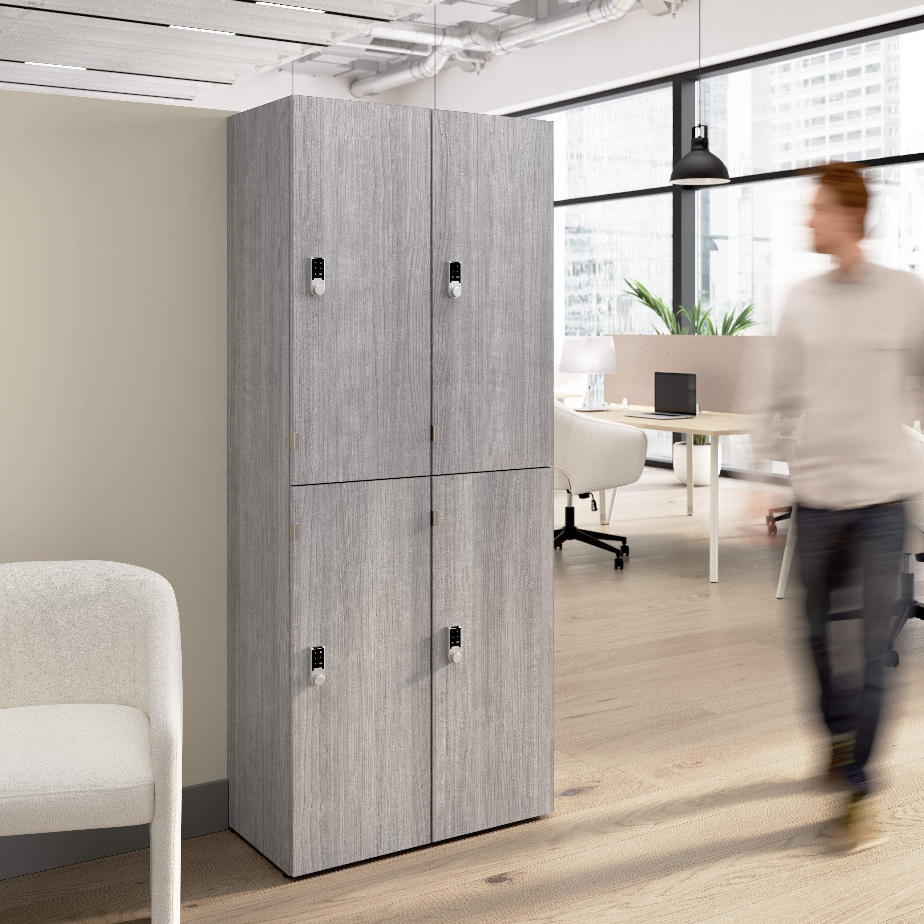 Bush Business Furniture Assure Two Tier 4 Door Storage Lockers with Keypad Locks in Platinum Gray - 29.76" Width x 15.35" Depth x 72.15" Height