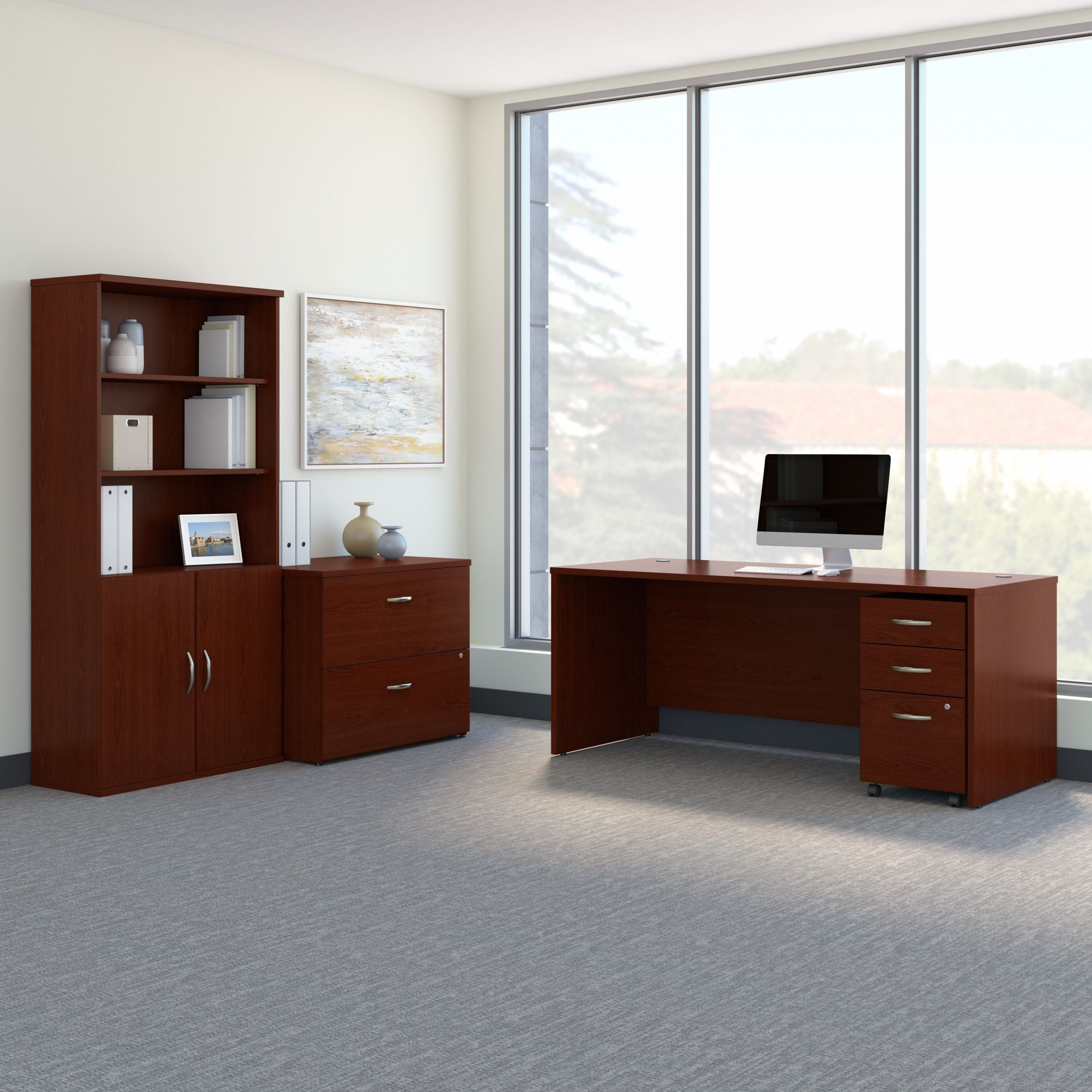 Bush Business Furniture Series C 72W Office Desk with Bookcase and File Cabinets in Mahogany - 71.1" Width x 29.37" Depth x 72.8" Height