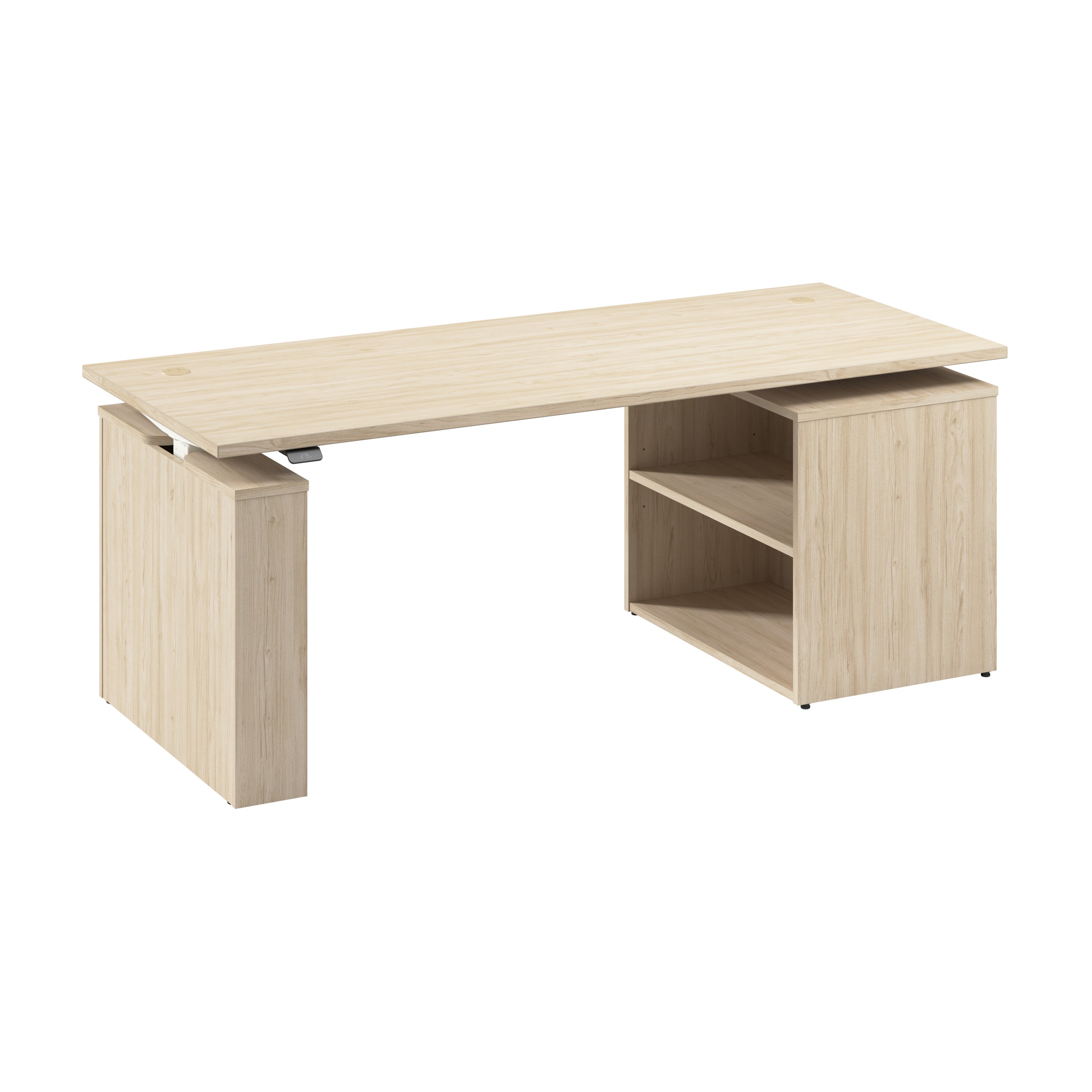 Bush Business Furniture Stratus&nbsp;72W x&nbsp;30D Electric Height Adjustable Standing Desk with Bookcase in Natural Elm with White Base - 71.02" Width x 29.37" Depth x 27.44" Height