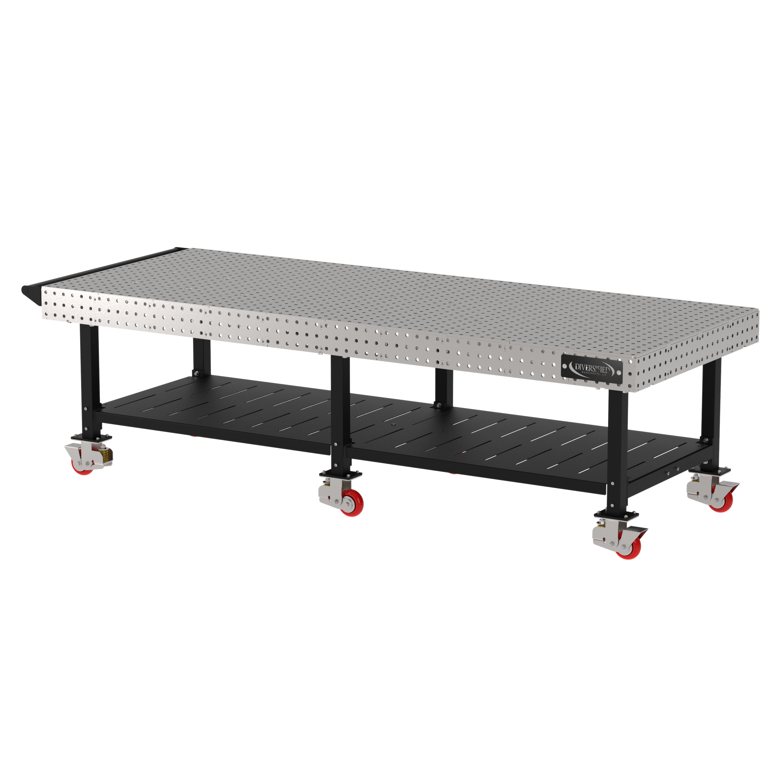 Welding Fixture Table, Fixed Height, 36"H x 120"L x 48"D, 1/4" Carbon Steel Top, Six Black Powdercoat Legs, Shelf, Handle, 6 Heavy Duty Suspension Casters (4 Locking/Swiveling Casters and 2 Non-Locking/Non-SwivelingCasters)