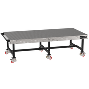 Welding Fixture Table, Fixed Height, 36"H x 120"L x 60"D, 1/4" Carbon Steel Top, Six Black Powdercoat Legs, Handle, 6 Heavy Duty Suspension Casters (4 Locking/Swiveling Casters and 2 Non-Locking/Non-SwivelingCasters)
