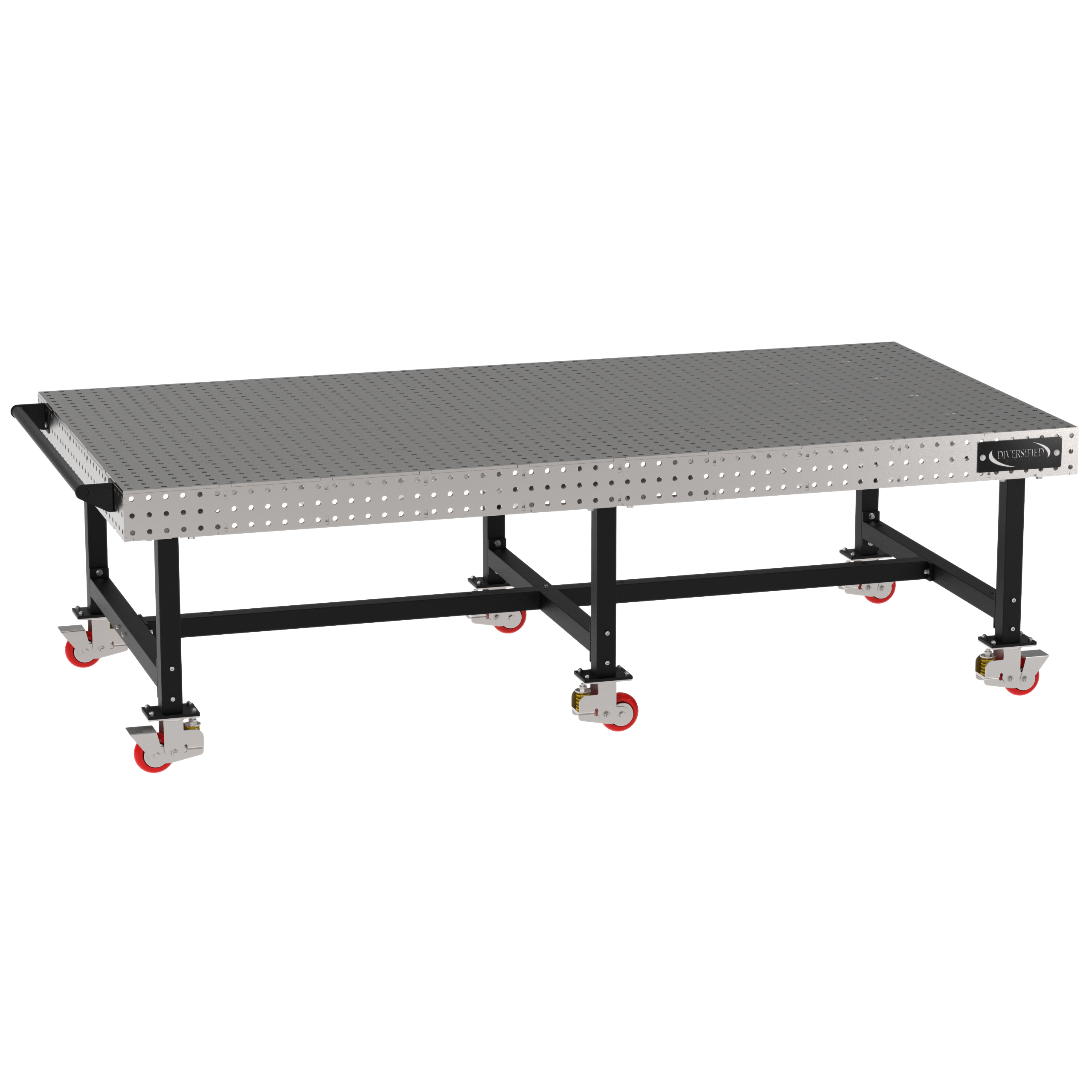 Welding Fixture Table, Fixed Height, 36"H x 120"L x 60"D, 1/4" Carbon Steel Top, Six Black Powdercoat Legs, Handle, 6 Heavy Duty Suspension Casters (4 Locking/Swiveling Casters and 2 Non-Locking/Non-SwivelingCasters)