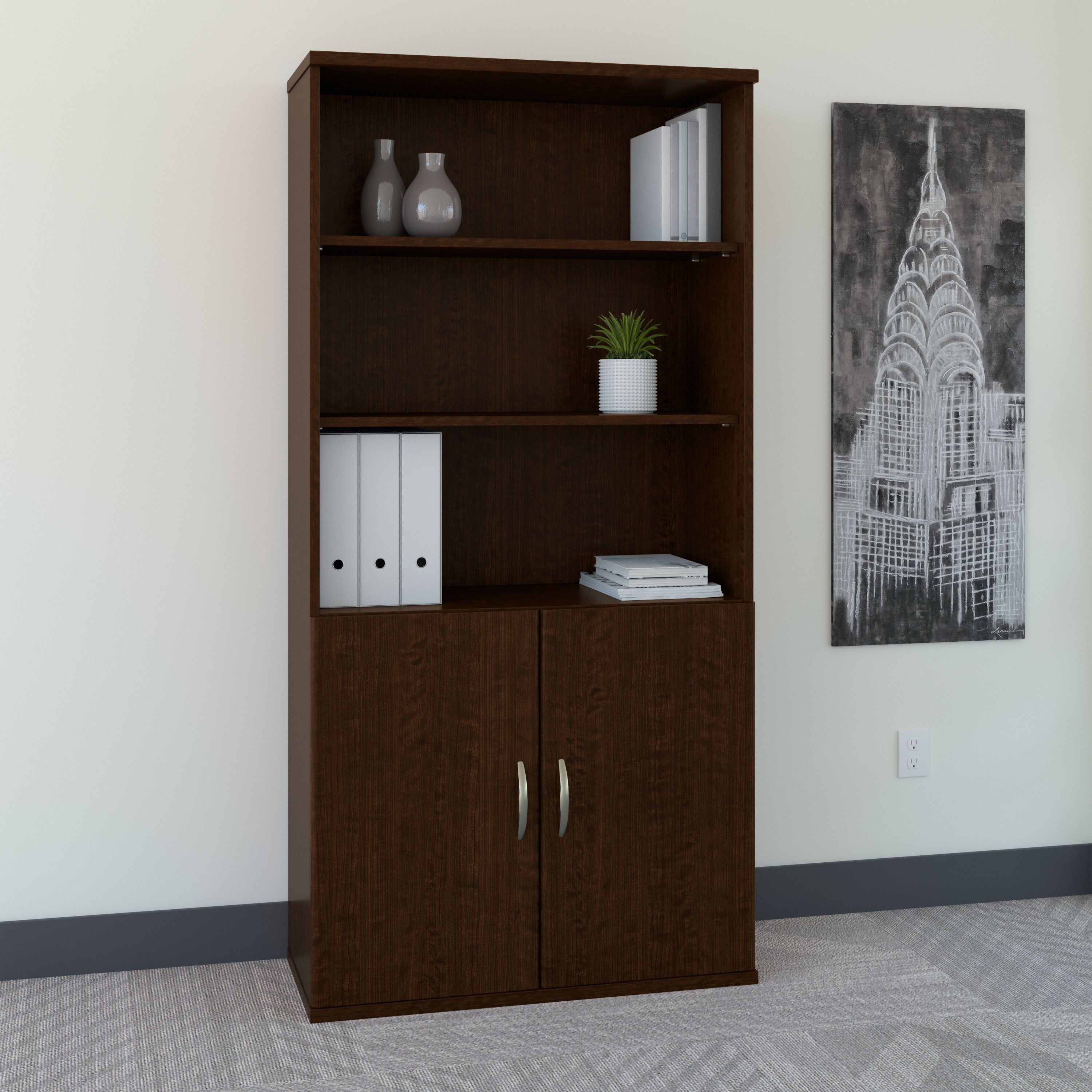 Bush Business Furniture Series C 36W 5 Shelf Bookcase with Doors in Mocha Cherry - 35.71" Width x 15.35" Depth x 72.8" Height