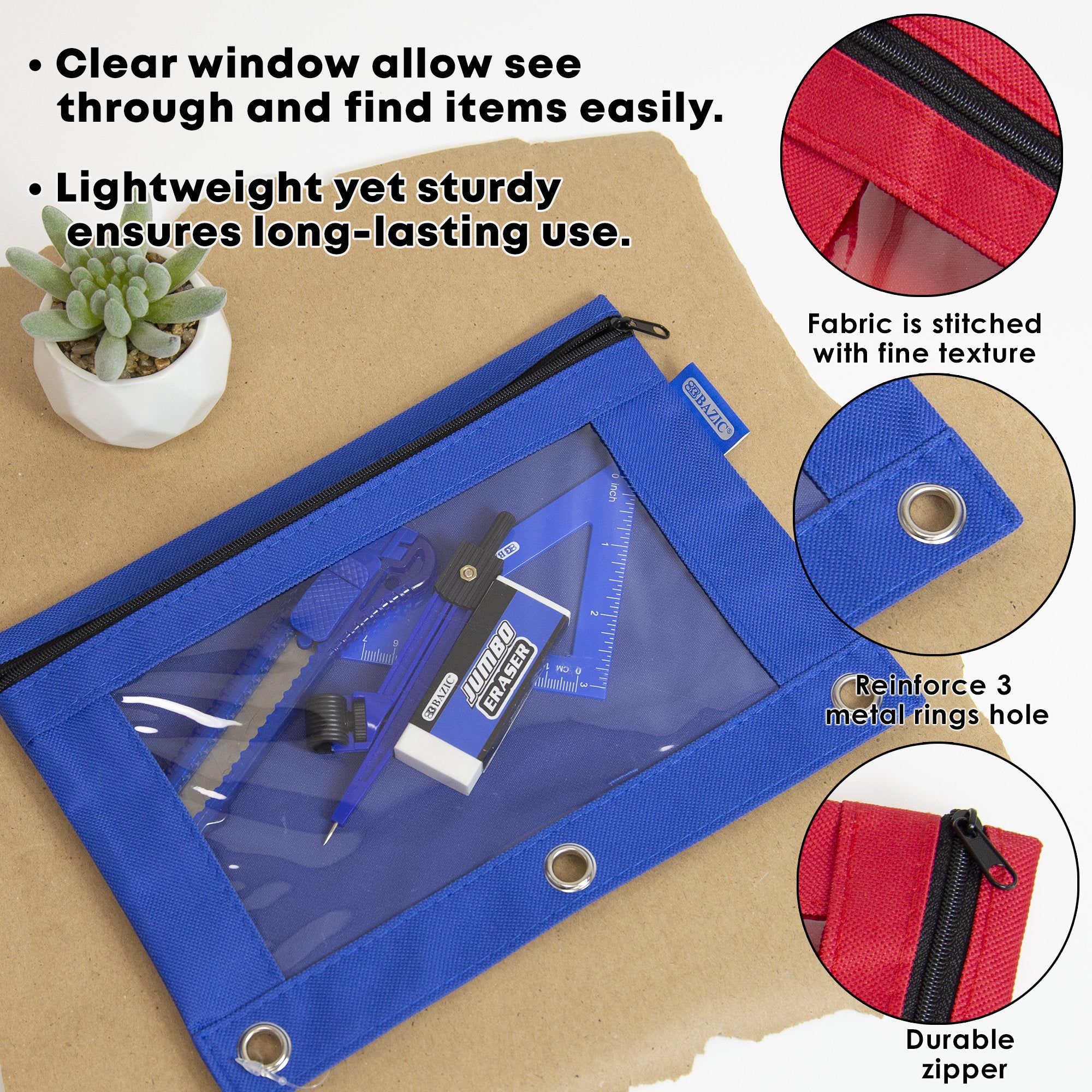 3-Ring Pencil Pouch with Clear Window, Assorted, 1 Pouch