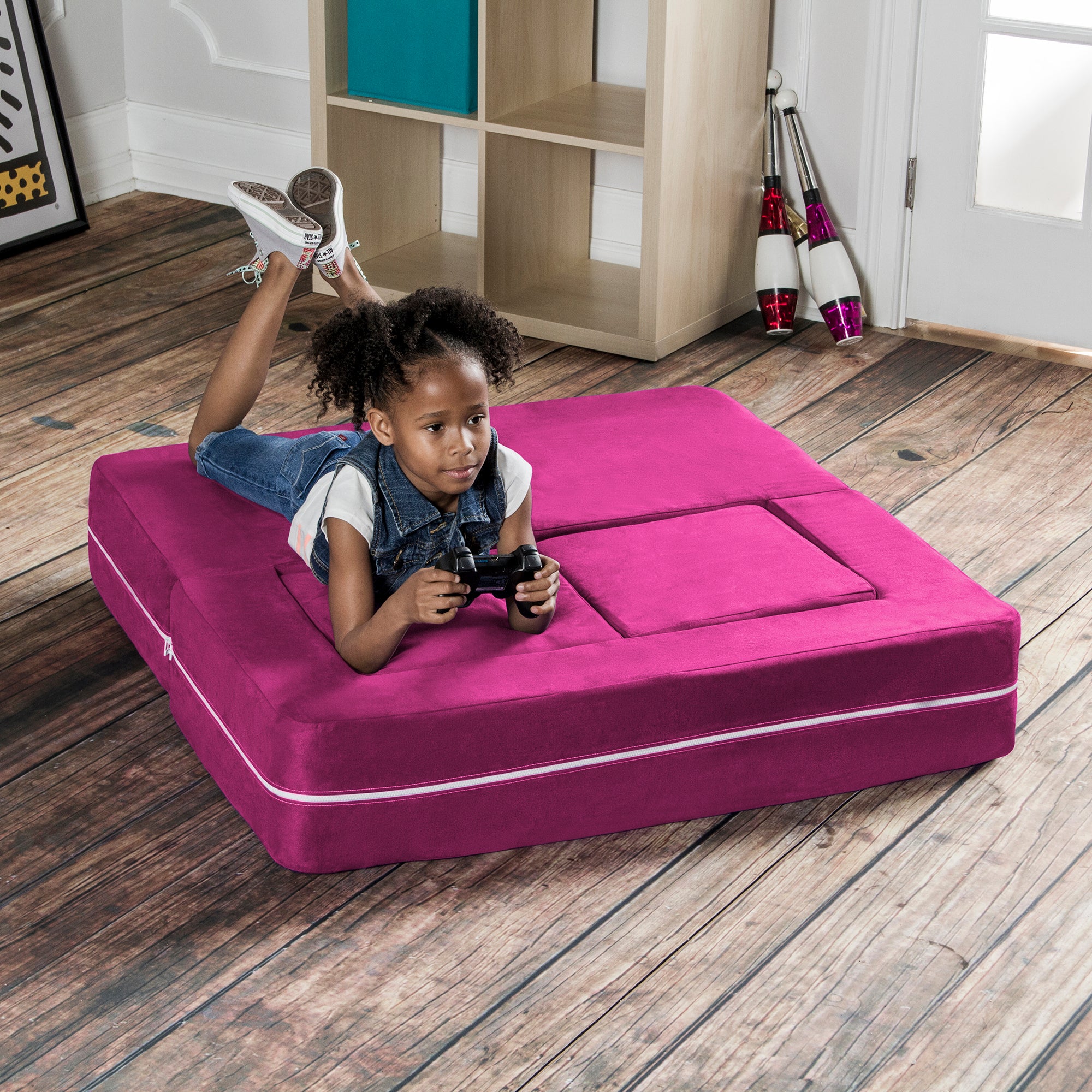 Jaxx Zipline Kids Modular Loveseat & Ottomans, Fold Out Lounger, Fuchsia
