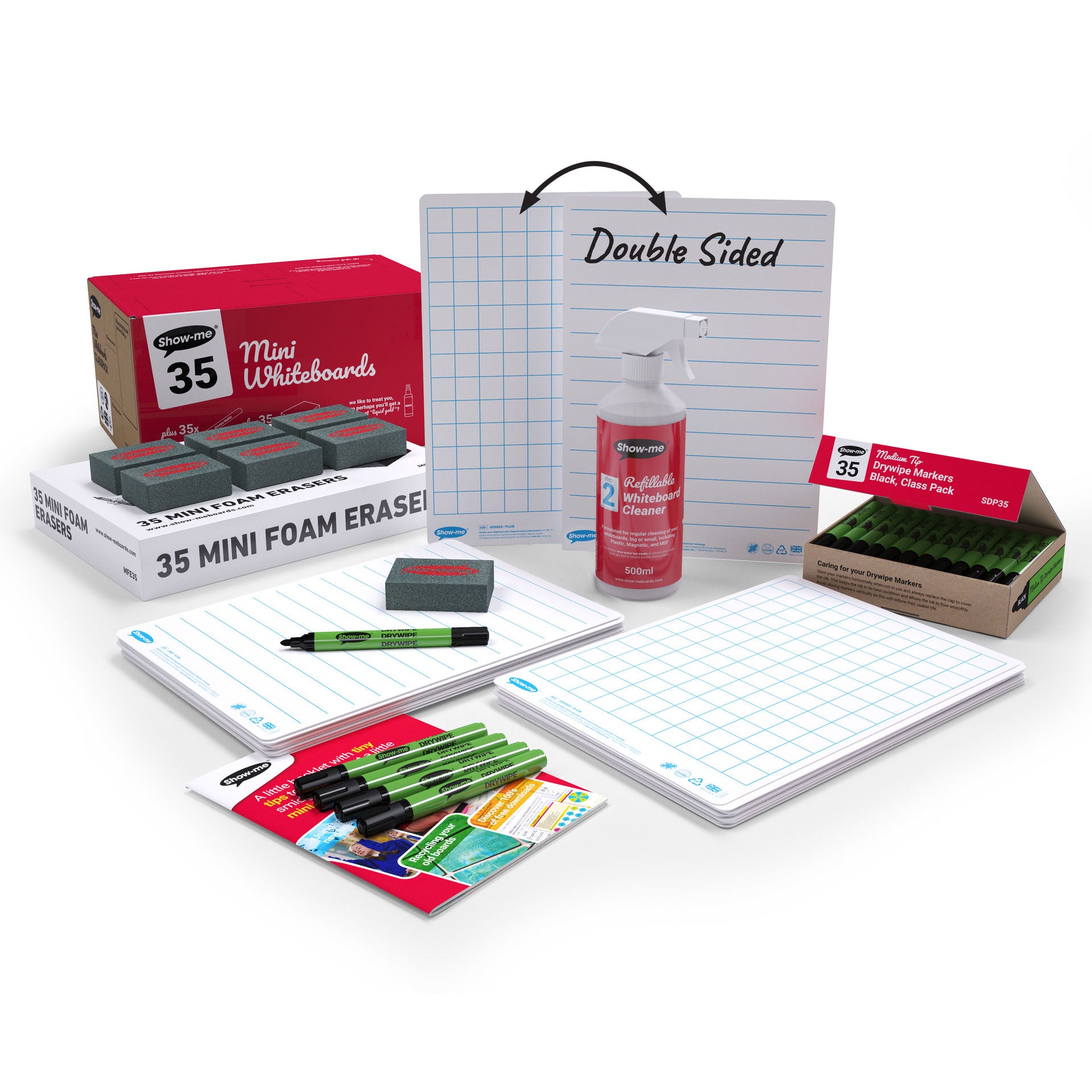 Classpack of 35 x Lined/Gridded Double Sided 8" x 12" Lapboards, with Pens, Erasers, Cleaner