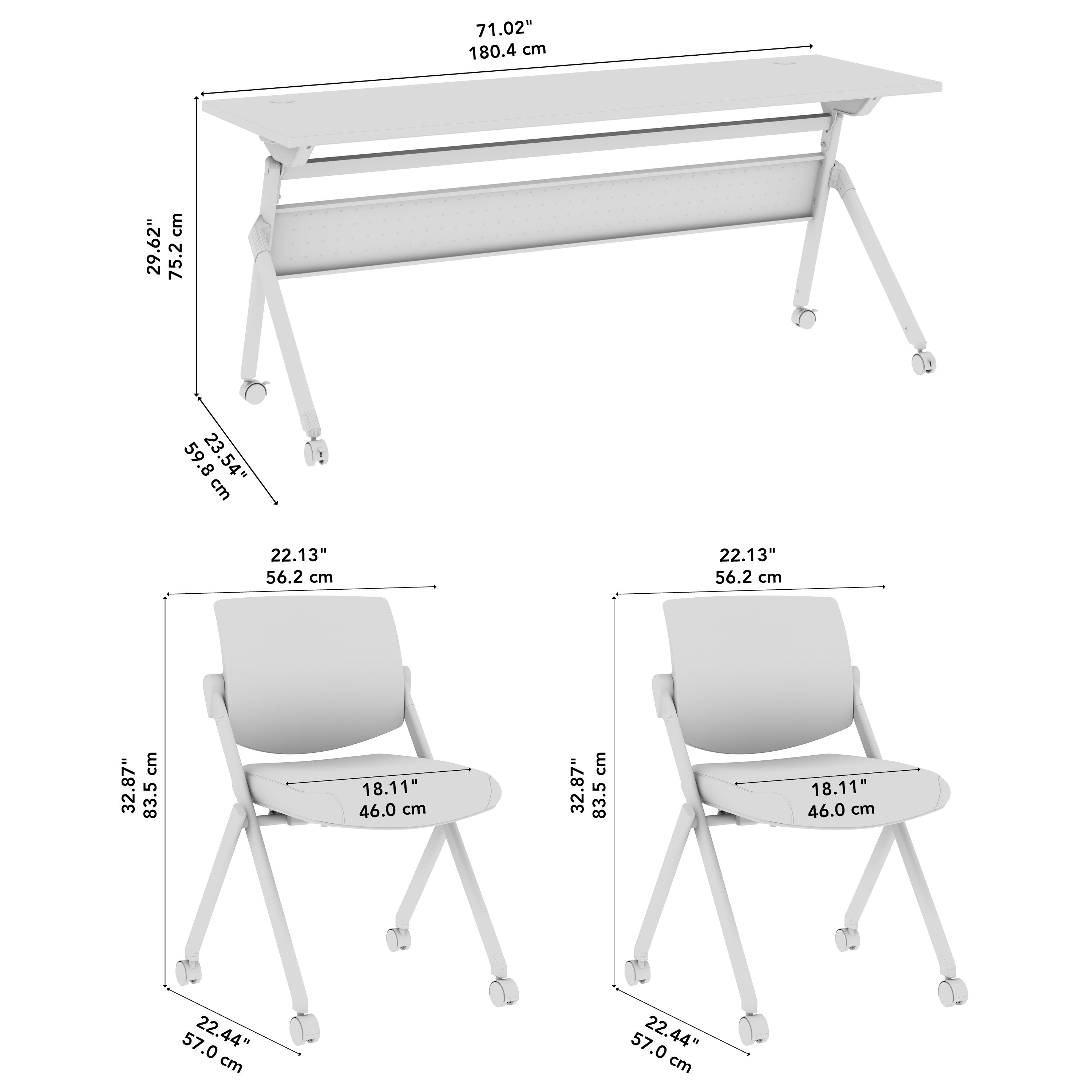 Bush Business Furniture Envision 72W Folding Training Table with Powered Grommets and 2 Chairs in Storm Gray - 71.02" Width x 23.54" Depth x 32.87" Height
