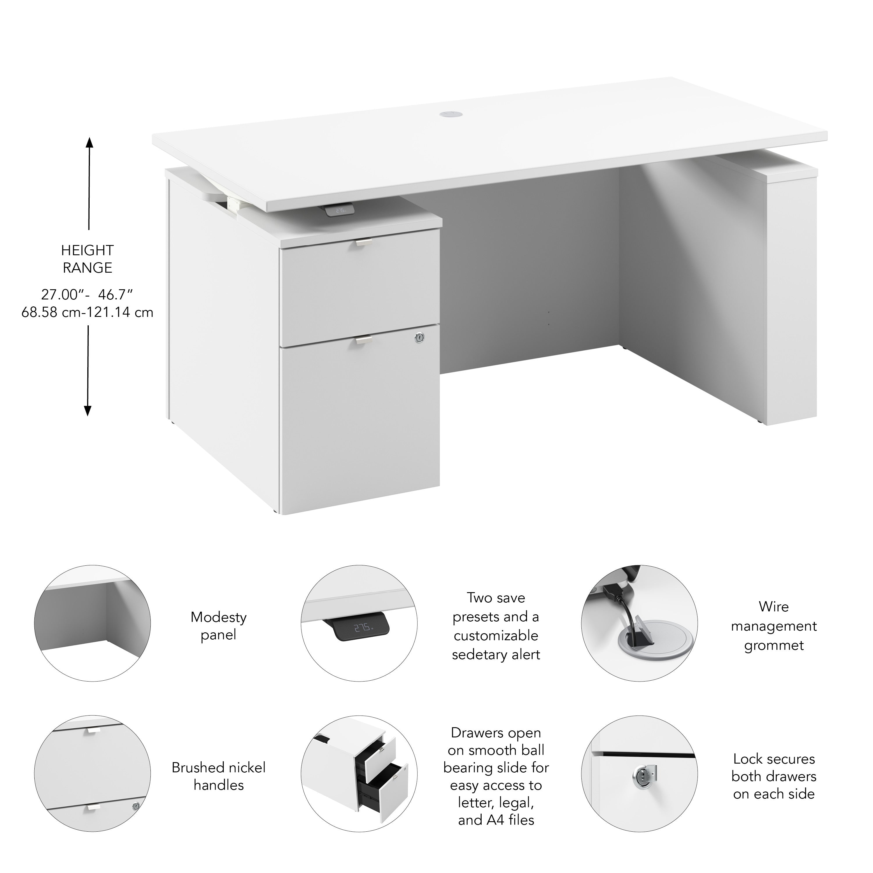 Bush Business Furniture Stratus&nbsp;60W x&nbsp;30D Eletric Height Adjustable Standing Desk with File Cabinet in White with White Base - 59.45" Width x 29.37" Depth x 27.44" Height