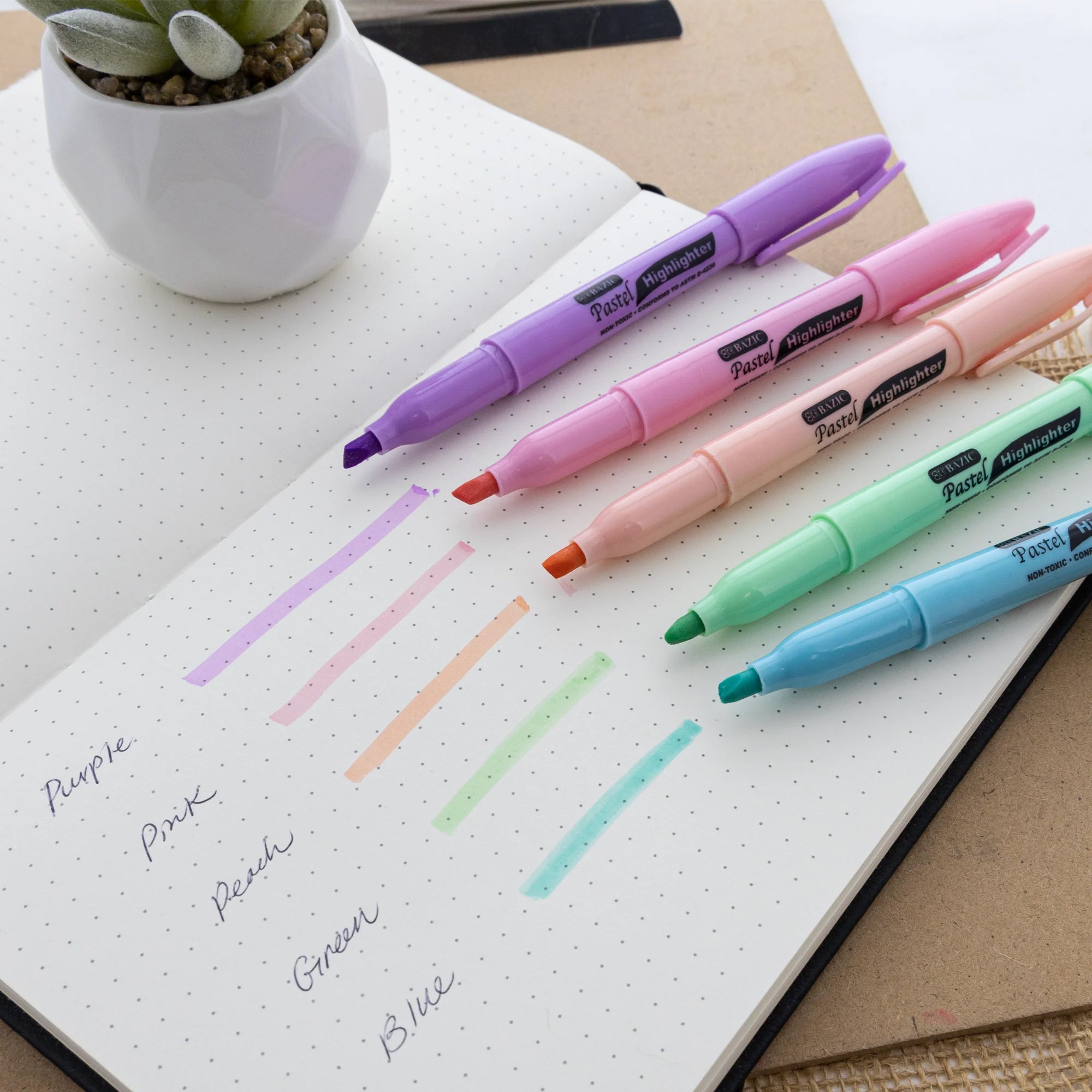 Pen Style Highlighter with Pocket Clip, Pastel, Pack of 5