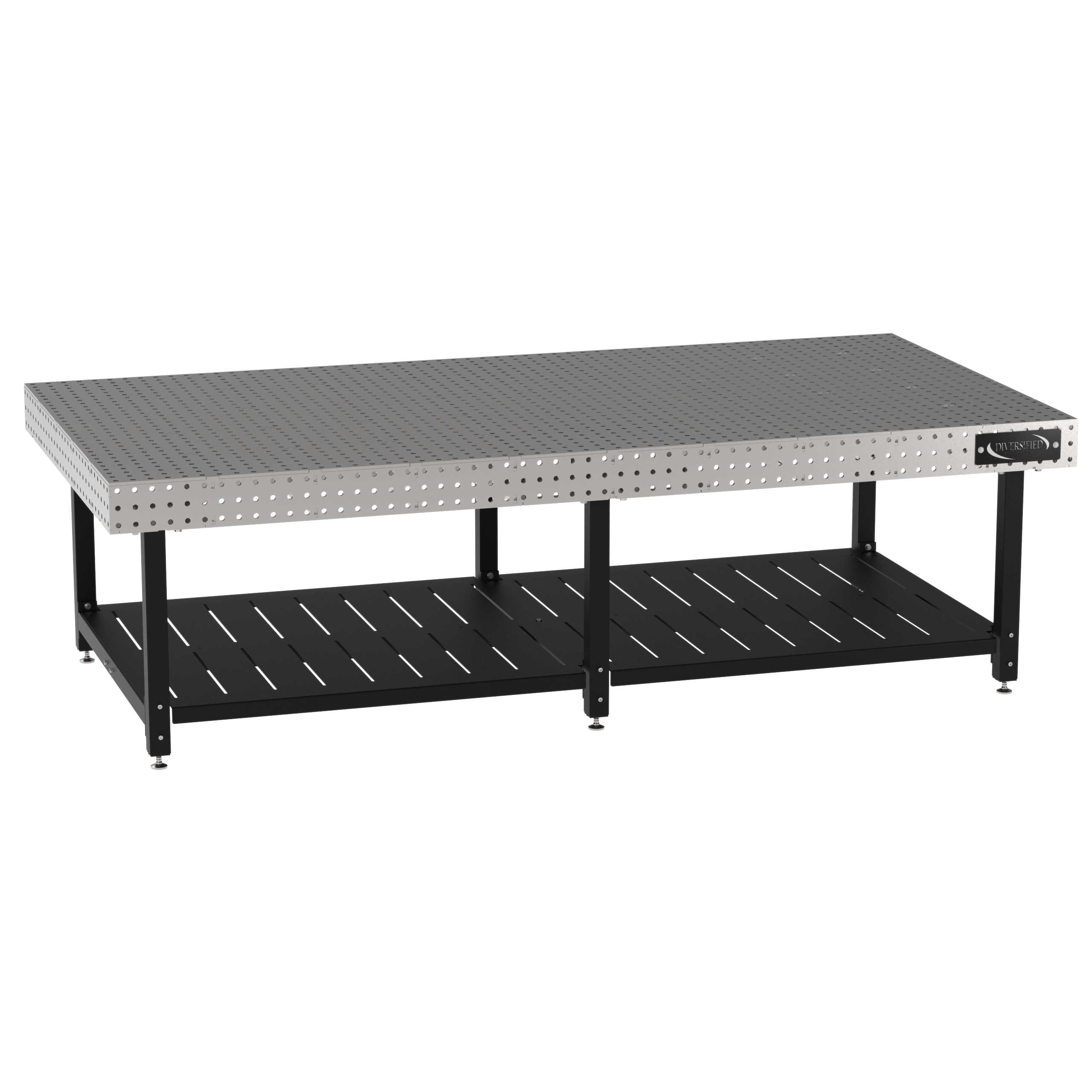 Welding Fixture Table, Fixed Height, 36"H x 120"L x 60"D, 1/4" Carbon Steel Top, Six Black Powdercoat Legs, Shelf, Self-Leveling Feet