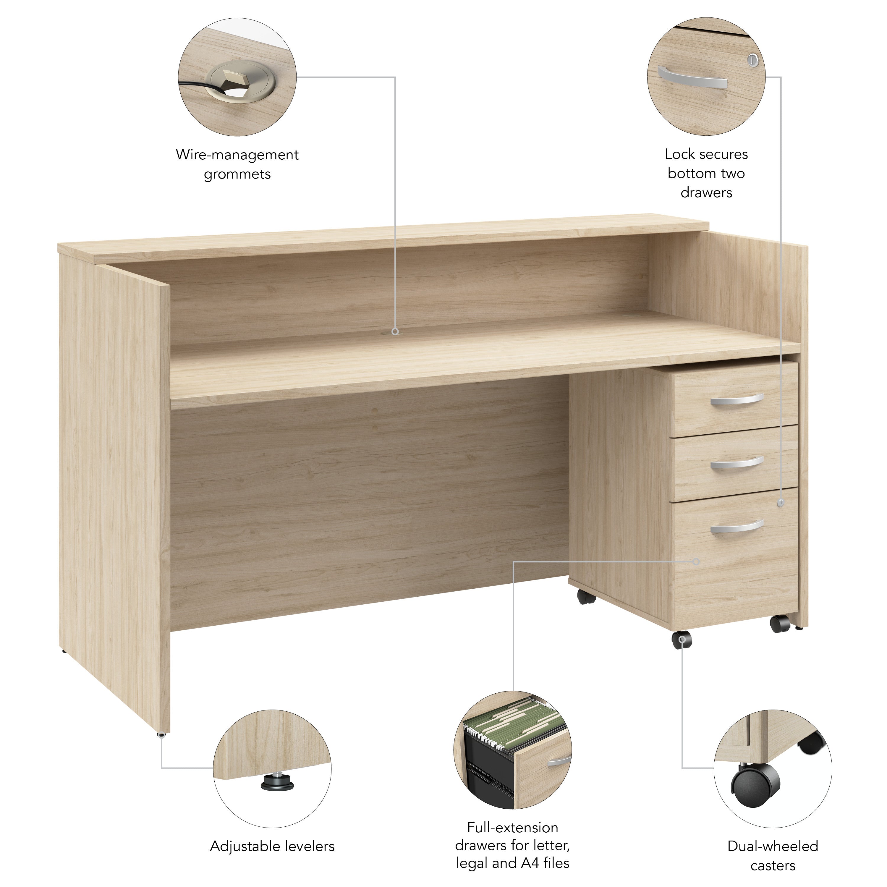 Bush Business Furniture Arrive 72W x 30D Reception Desk with Shelf and Mobile File Cabinet in Natural Elm - 71.02" Width x 29.49" Depth x 40.35" Height