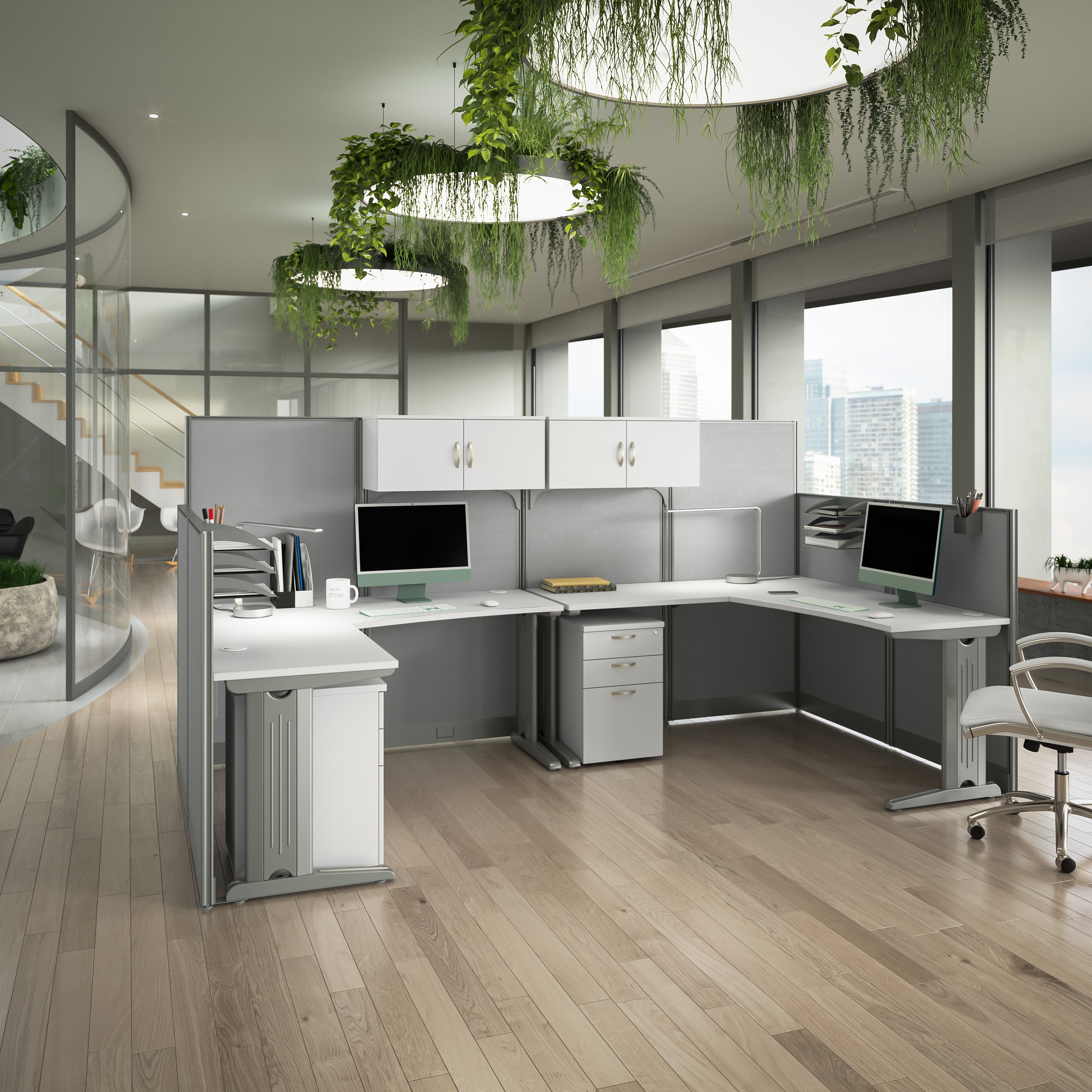 Bush Business Furniture Office in an Hour 2 Person L Shaped Cubicle Desks with Storage, Drawers, and Organizers in Pure White - 128.97" Width x 64.48" Depth x 62.86" Height