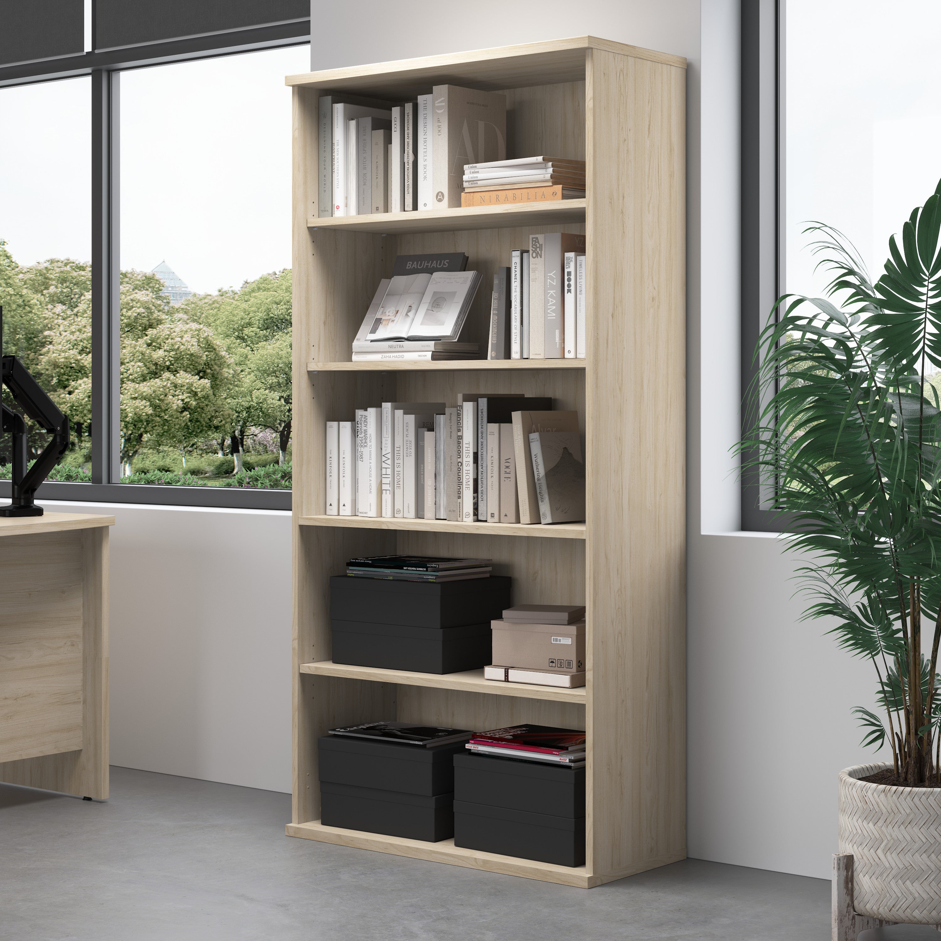 Bush Business Furniture Studio C Tall 5 Shelf Bookcase in Natural Elm - 35.81" Width x 72.9" Depth x 72.8" Height