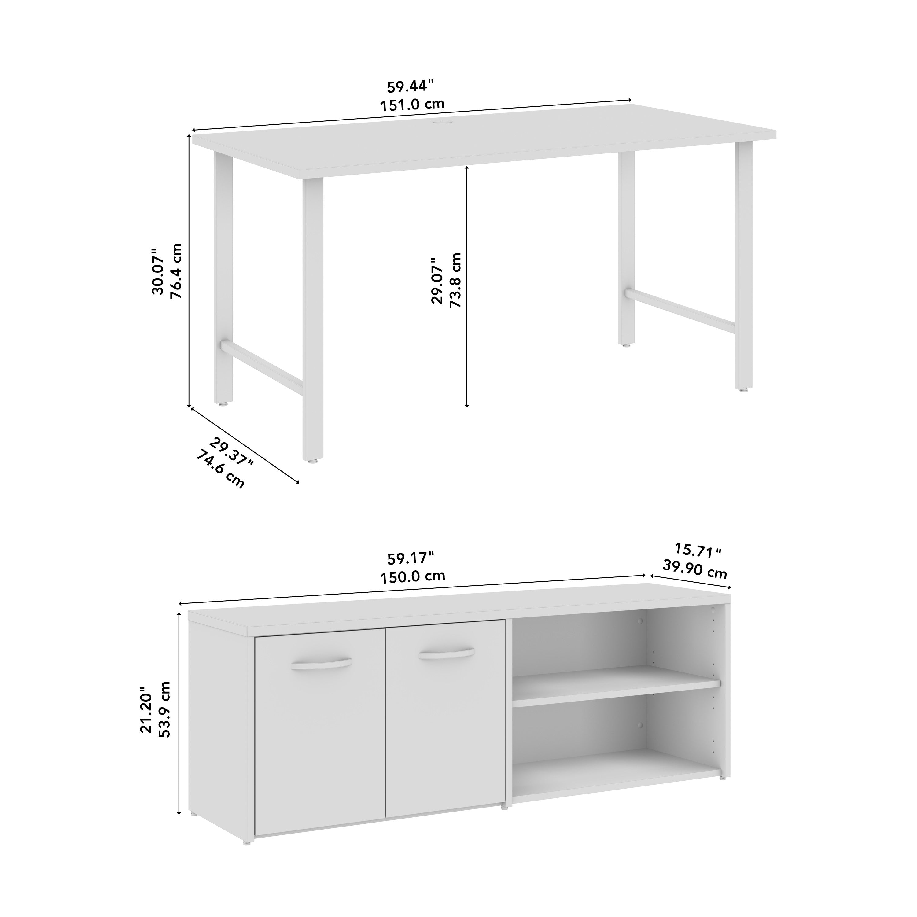 Bush Business Furniture Hustle 60W x 30D Computer Desk and Low Storage Cabinet with Doors and Shelves in White - 59.44" Width x 88.54" Depth x 30.07" Height