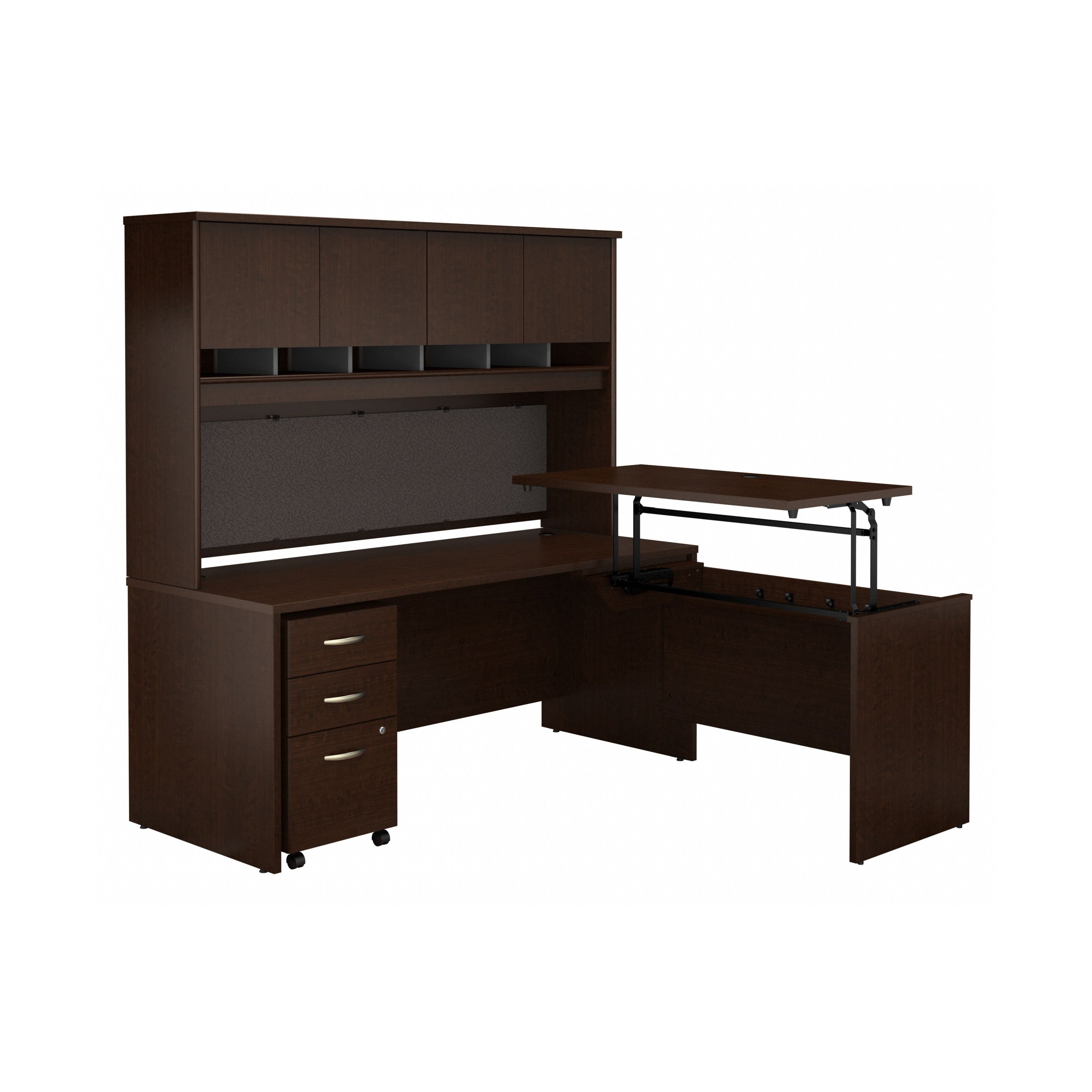 Bush Business Furniture Series C 72W x 30D 3 Position Sit to Stand L Shaped Desk with Hutch and Mobile File Cabinet in Mocha Cherry - 71.1" Width x 72.01" Depth x 72.85" Height