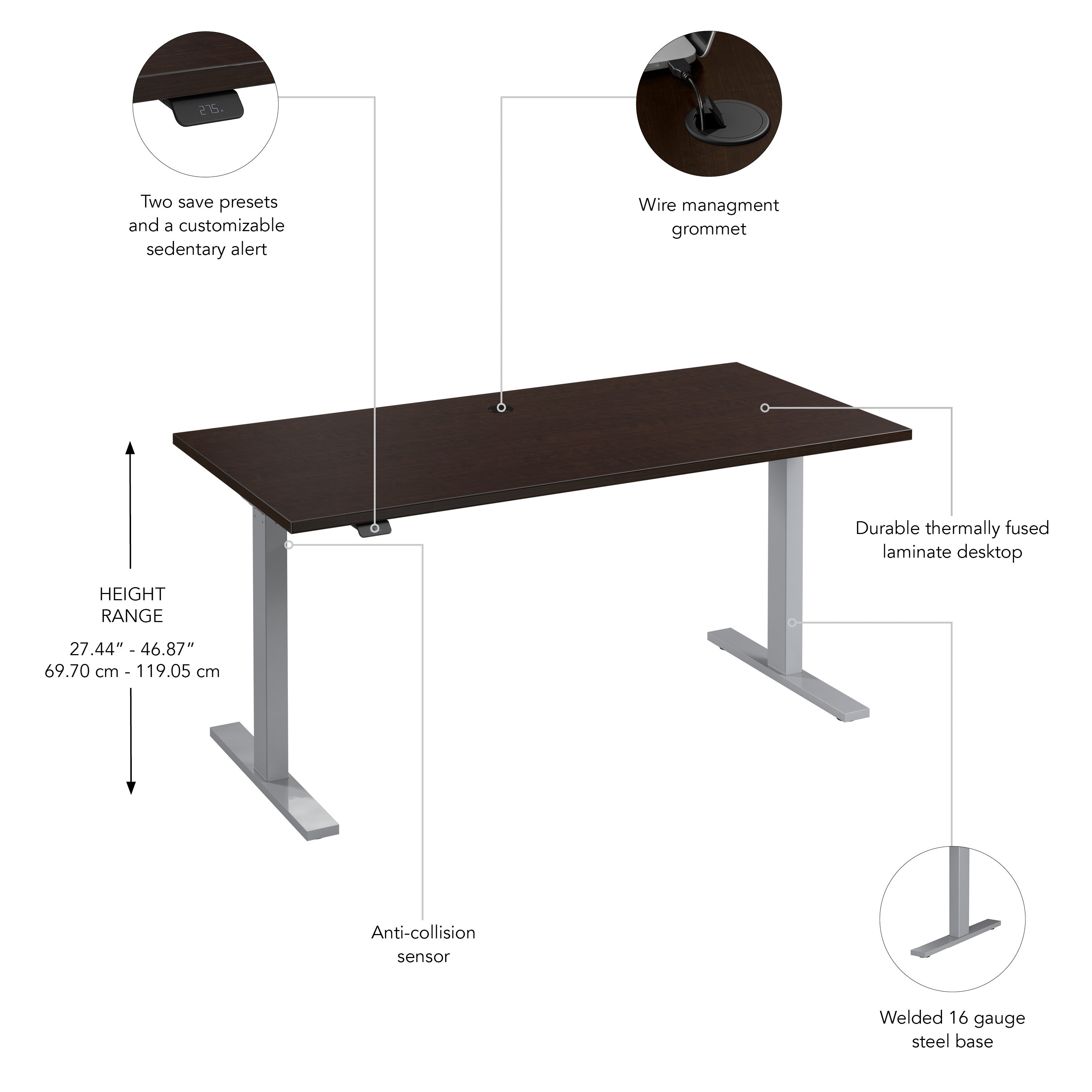 Bush Business Furniture Move 60 Series 60W x 30D Electric Height Adjustable Standing Desk in Mocha Cherry with Metallic Gray Base - 59.45" Width x 29.37" Depth x 47.69" Height