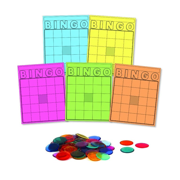 Bingo Card and Counters Set - 100 chips and 6 Bingo colored cards