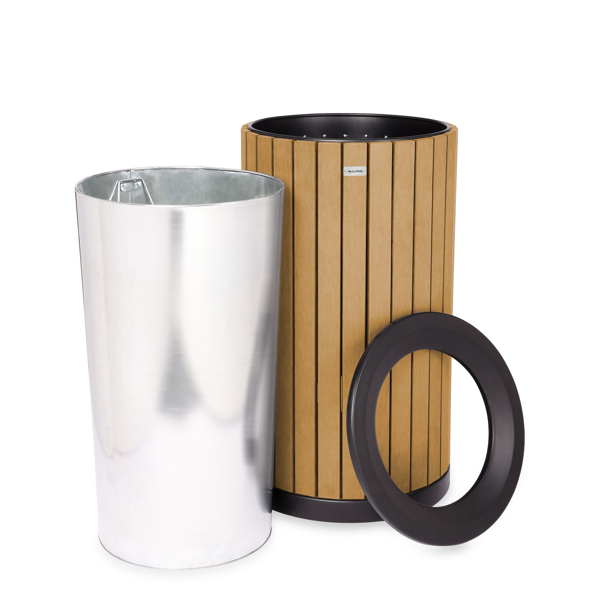 Round, 32-Gallon Outdoor Trash Container with Slatted Recycled Plastic Panels - Cedar