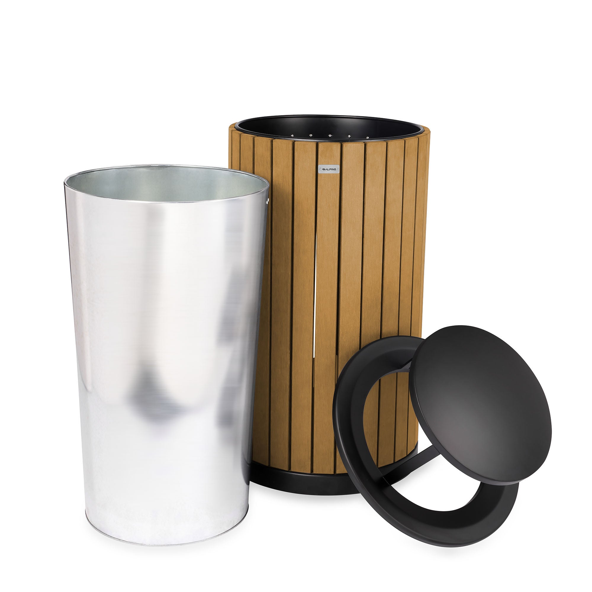 Round, 32-Gallon Outdoor Trash Container with Slatted Recycled Plastic Panels - Rain Bonnet Lid - Cedar