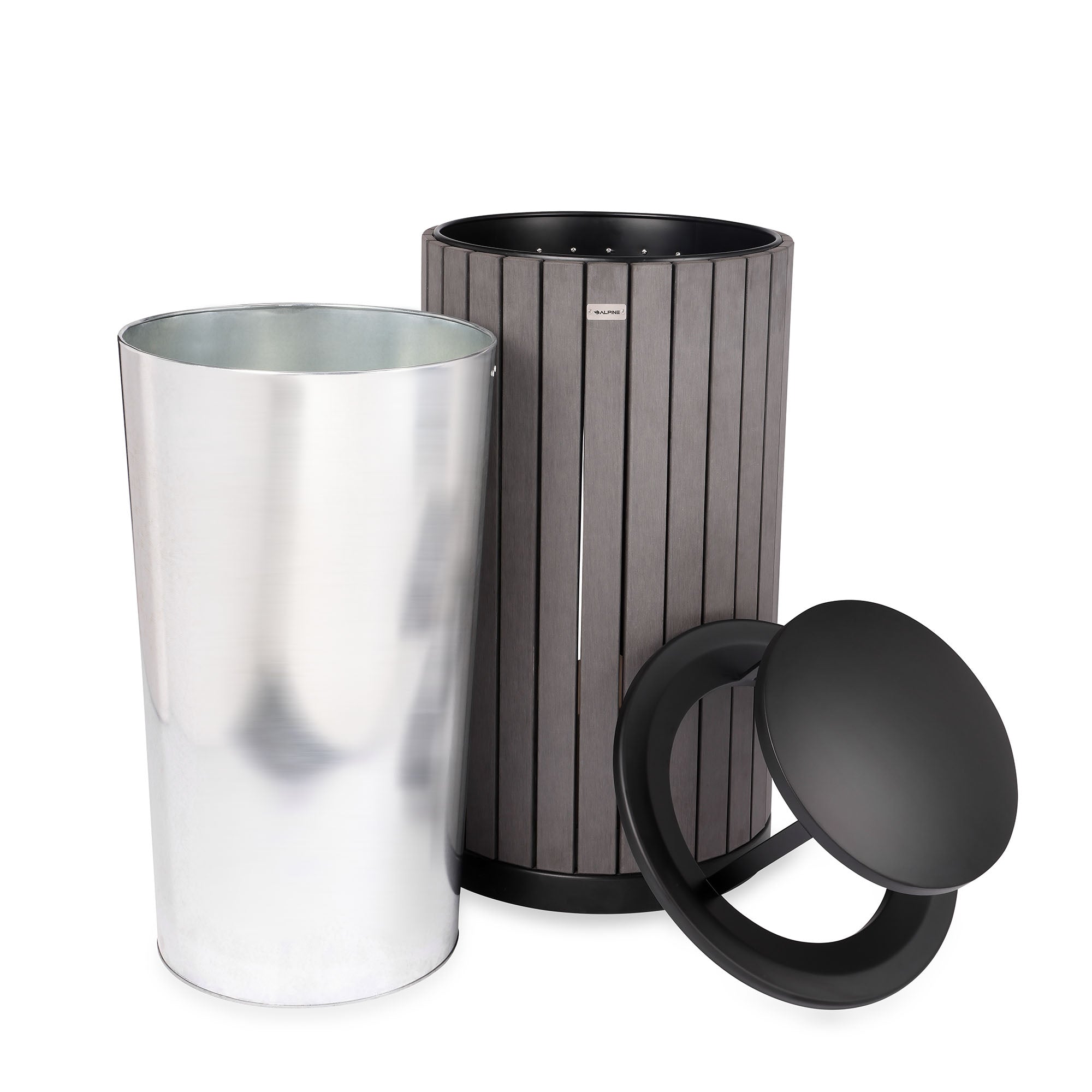 Round, 32-Gallon Outdoor Trash Container with Slatted Recycled Plastic Panels - Rain Bonnet Lid - Grey