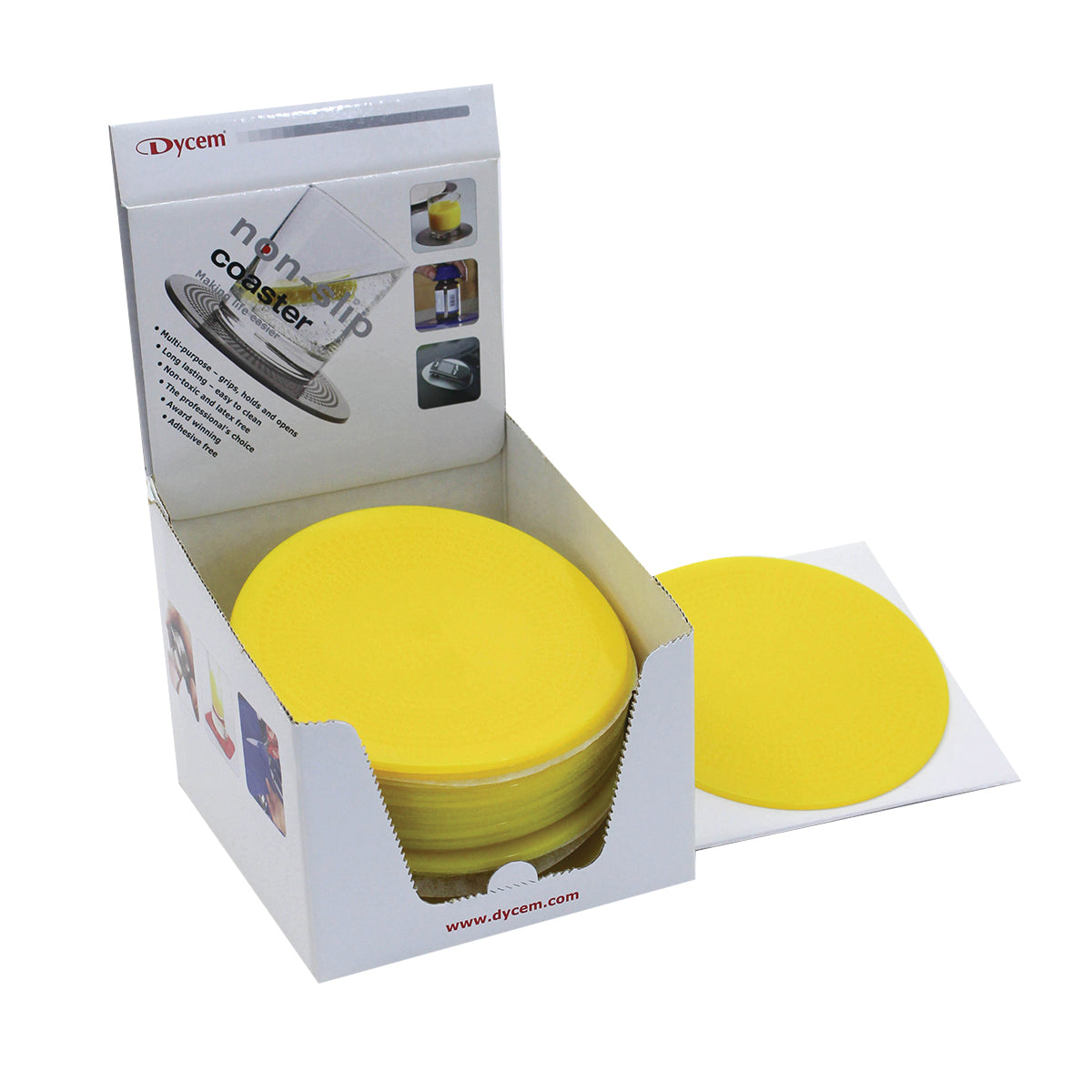 Dycem 5.5" round table mat display, 25/dispenser, yellow